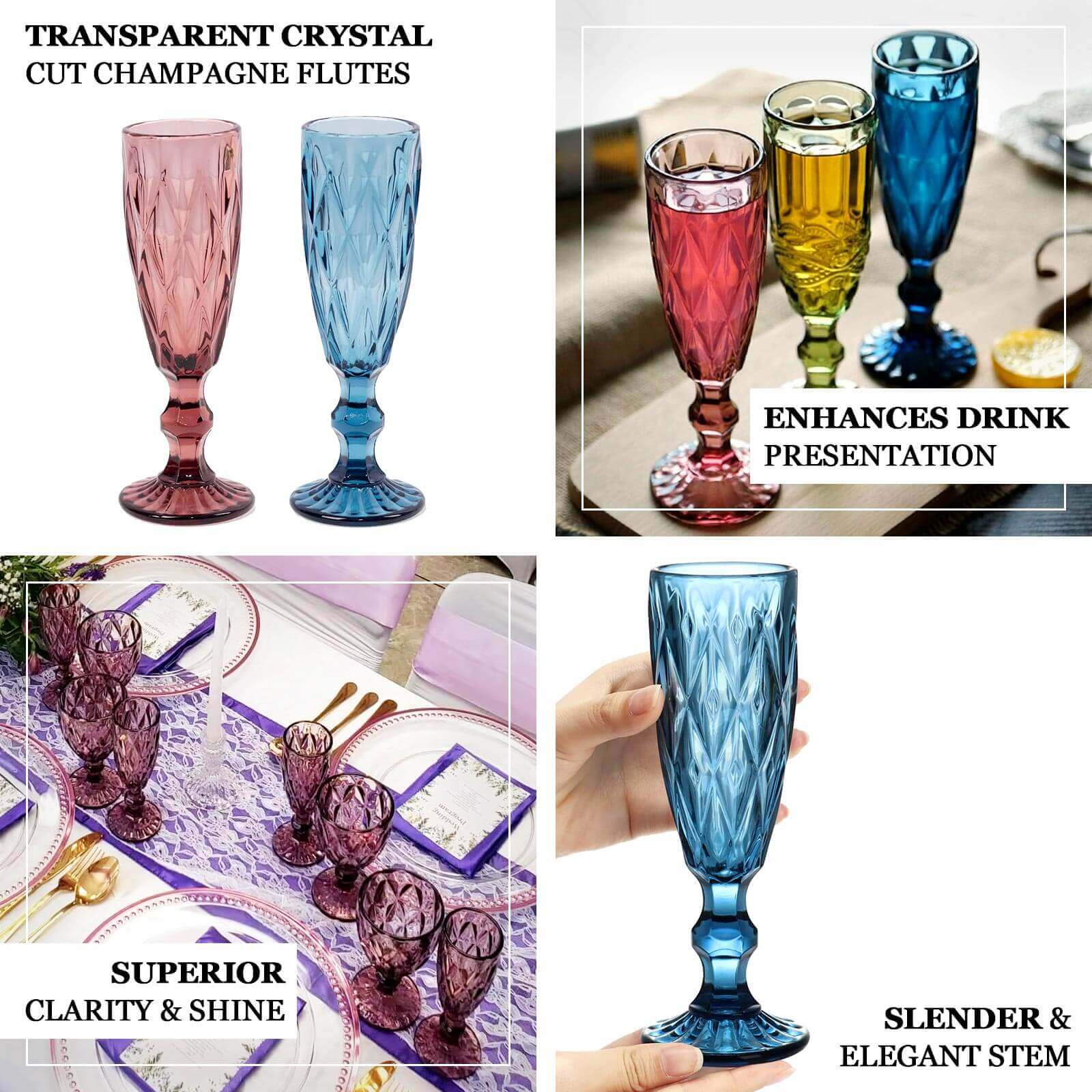 6-Pack Crystal Cut Champagne Flute Glasses 6oz Textured Design Transparent Ocean Blue 8" - Wine Goblets for Toasts & Celebrations - Image 4