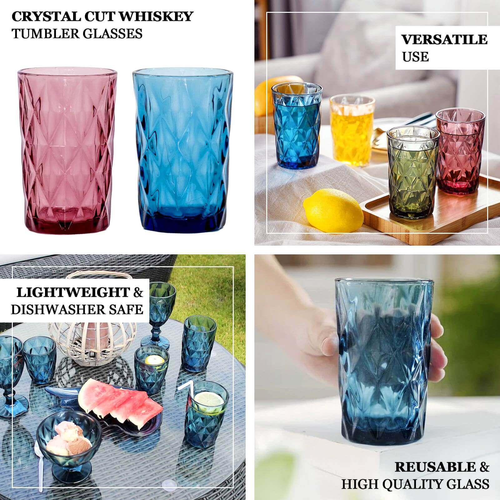 6-Pack Crystal Cut Whiskey Glasses 12oz Textured Design with Heavy Base Dusty Rose 5" - Highball Tumblers for Cocktails & Drinks - Image 4