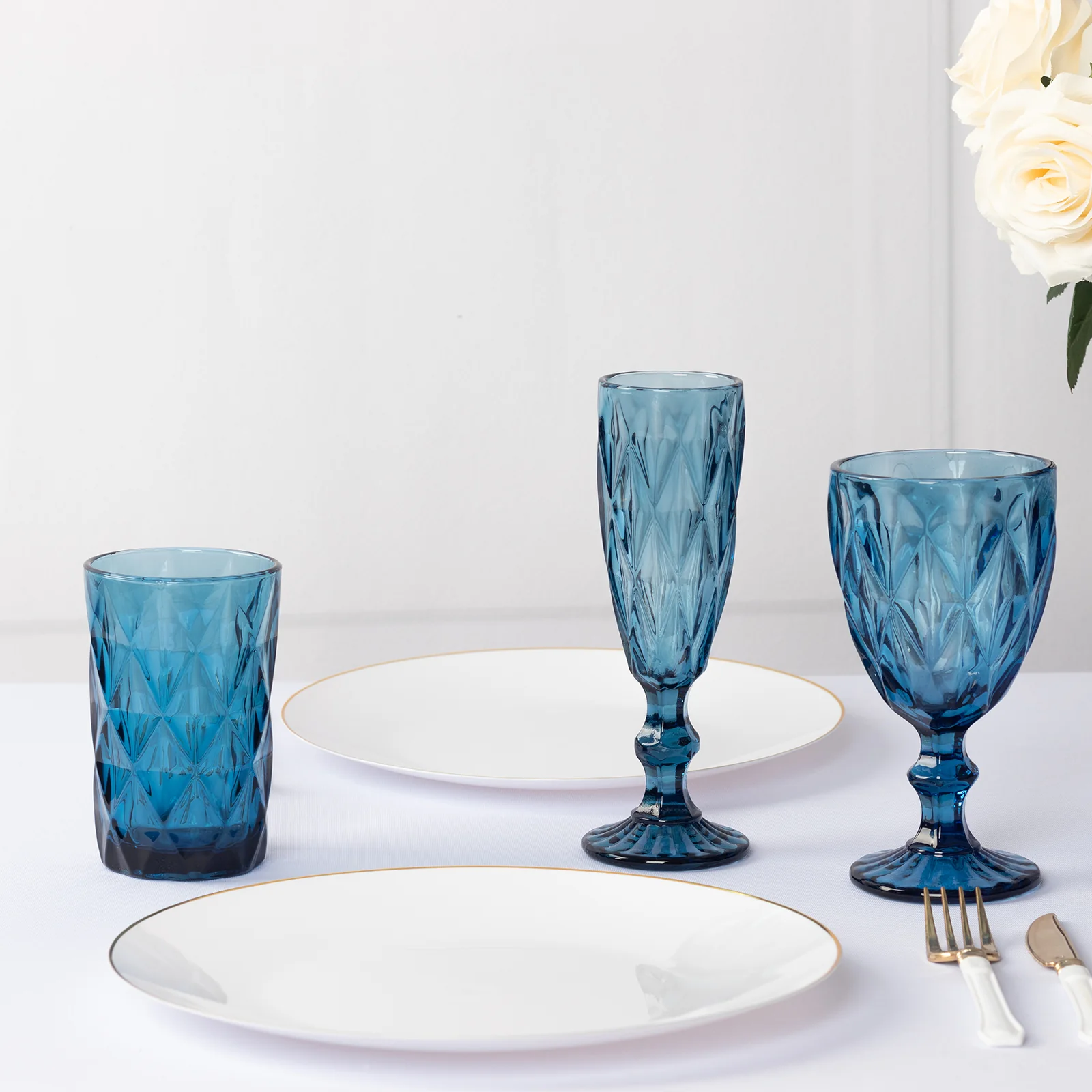 6-Pack Crystal Cut Whiskey Glasses 12oz Textured Design with Heavy Base Ocean Blue 5" - Highball Tumblers for Cocktails & Drinks