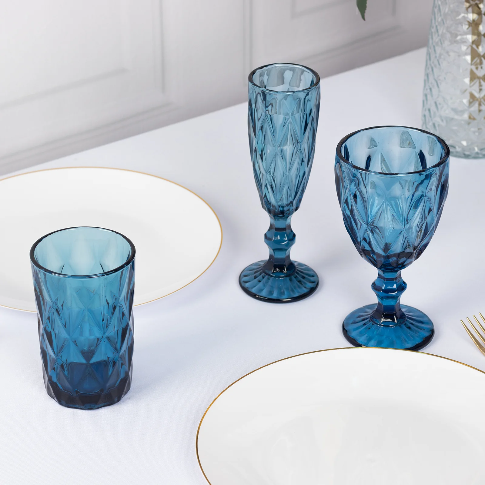 6-Pack Crystal Cut Whiskey Glasses 12oz Textured Design with Heavy Base Ocean Blue 5" - Highball Tumblers for Cocktails & Drinks - Image 2