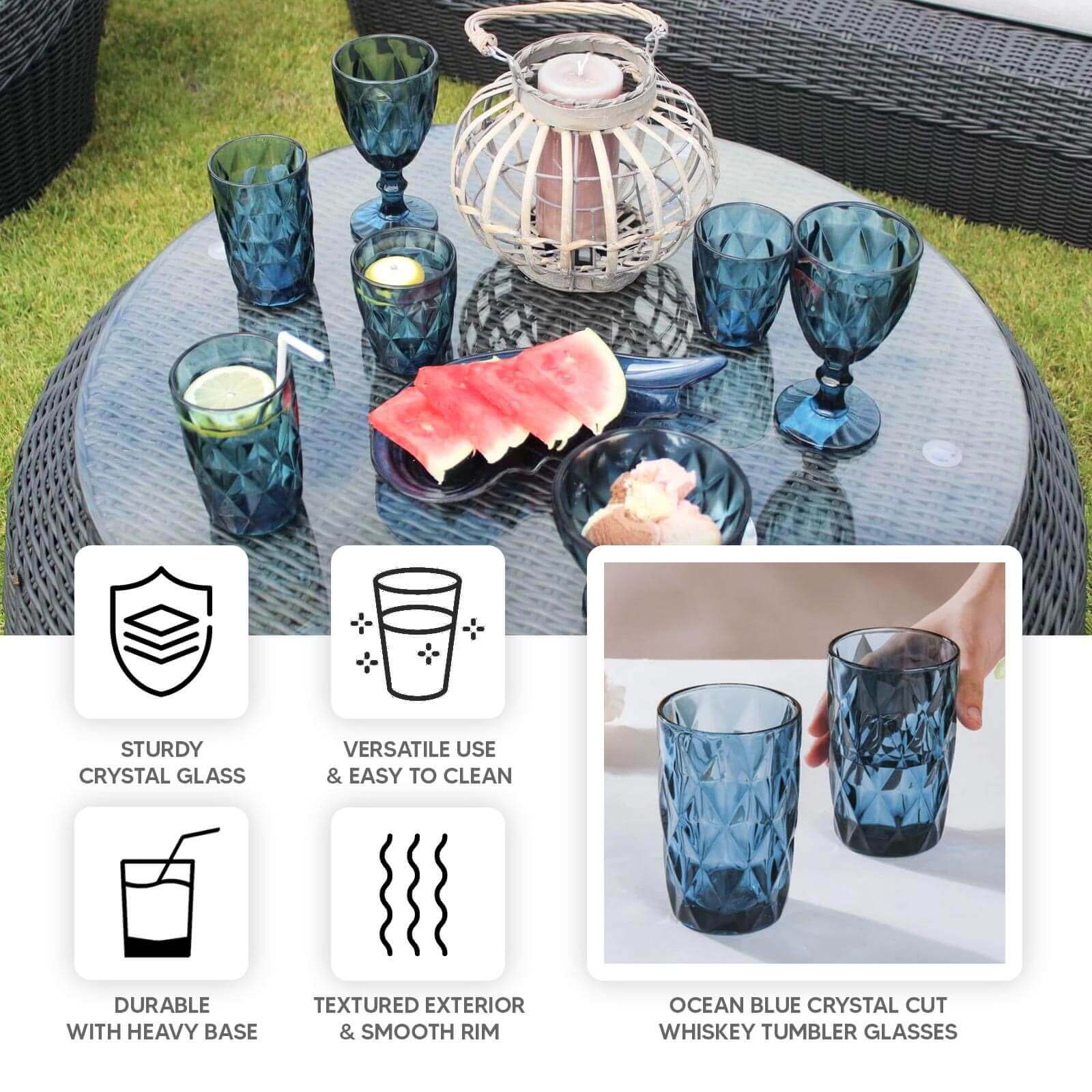 6-Pack Crystal Cut Whiskey Glasses 12oz Textured Design with Heavy Base Ocean Blue 5" - Highball Tumblers for Cocktails & Drinks - Image 4