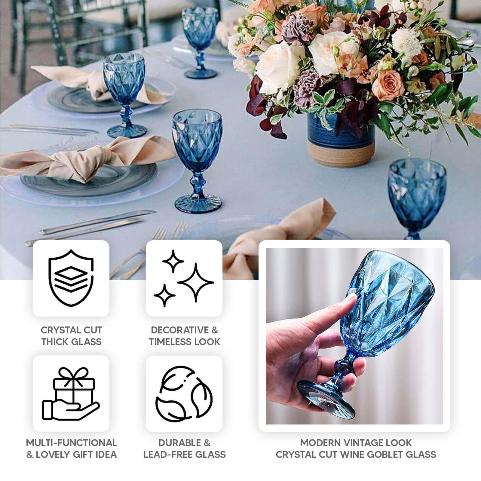 6-Pack Crystal Cut Wine Glasses 12oz Embossed Design Stemmed Ocean Blue 7" - Colored Goblets for Cocktails & Drinks - Image 4