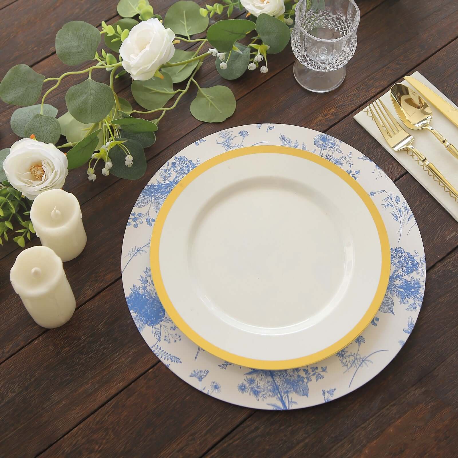 6-Pack Disposable Charger Plates in French Toile Print 13" in White/Blue - 700GSM Floral Paper Chargers for Classy & Convenient Dining - Image 9