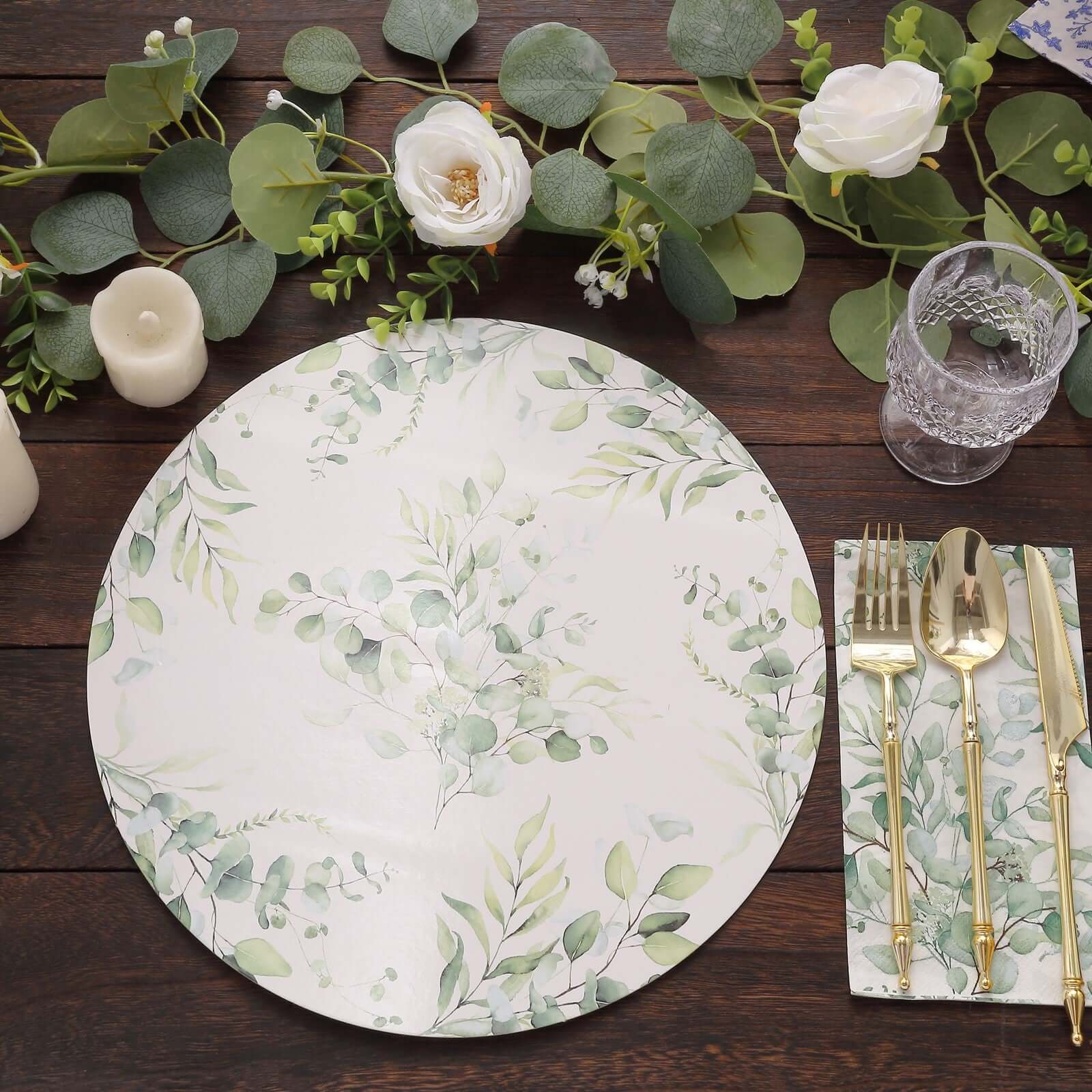 6-Pack Disposable Charger Plates in Eucalyptus Leaves Print 13" in White/Green - 700GSM Paper Chargers for Classy & Convenient Dining