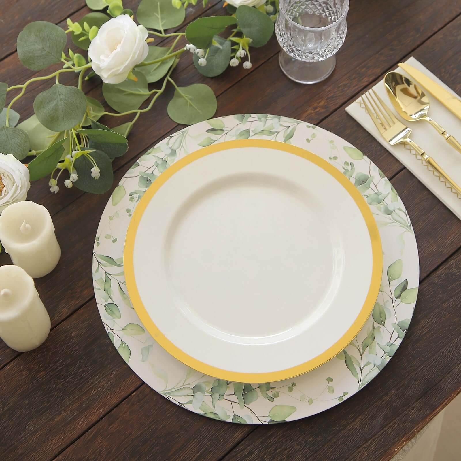 6-Pack Disposable Charger Plates in Eucalyptus Leaves Print 13" in White/Green - 700GSM Paper Chargers for Classy & Convenient Dining - Image 2