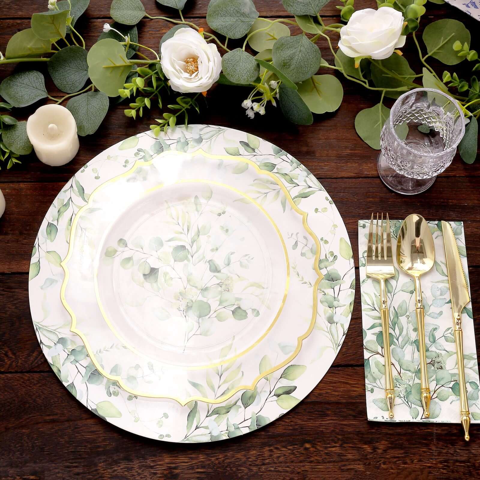 6-Pack Disposable Charger Plates in Eucalyptus Leaves Print 13" in White/Green - 700GSM Paper Chargers for Classy & Convenient Dining - Image 6