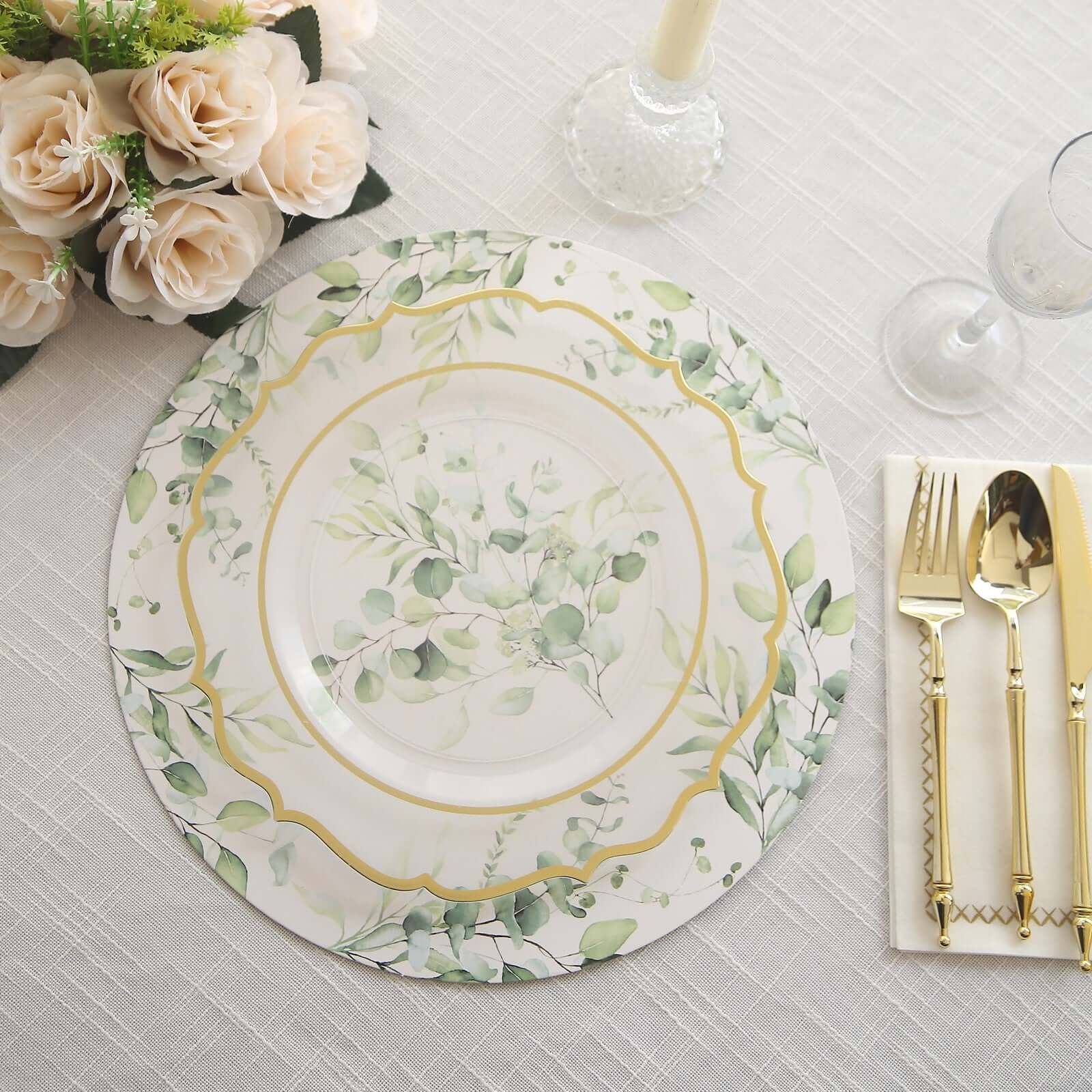 6-Pack Disposable Charger Plates in Eucalyptus Leaves Print 13" in White/Green - 700GSM Paper Chargers for Classy & Convenient Dining - Image 8