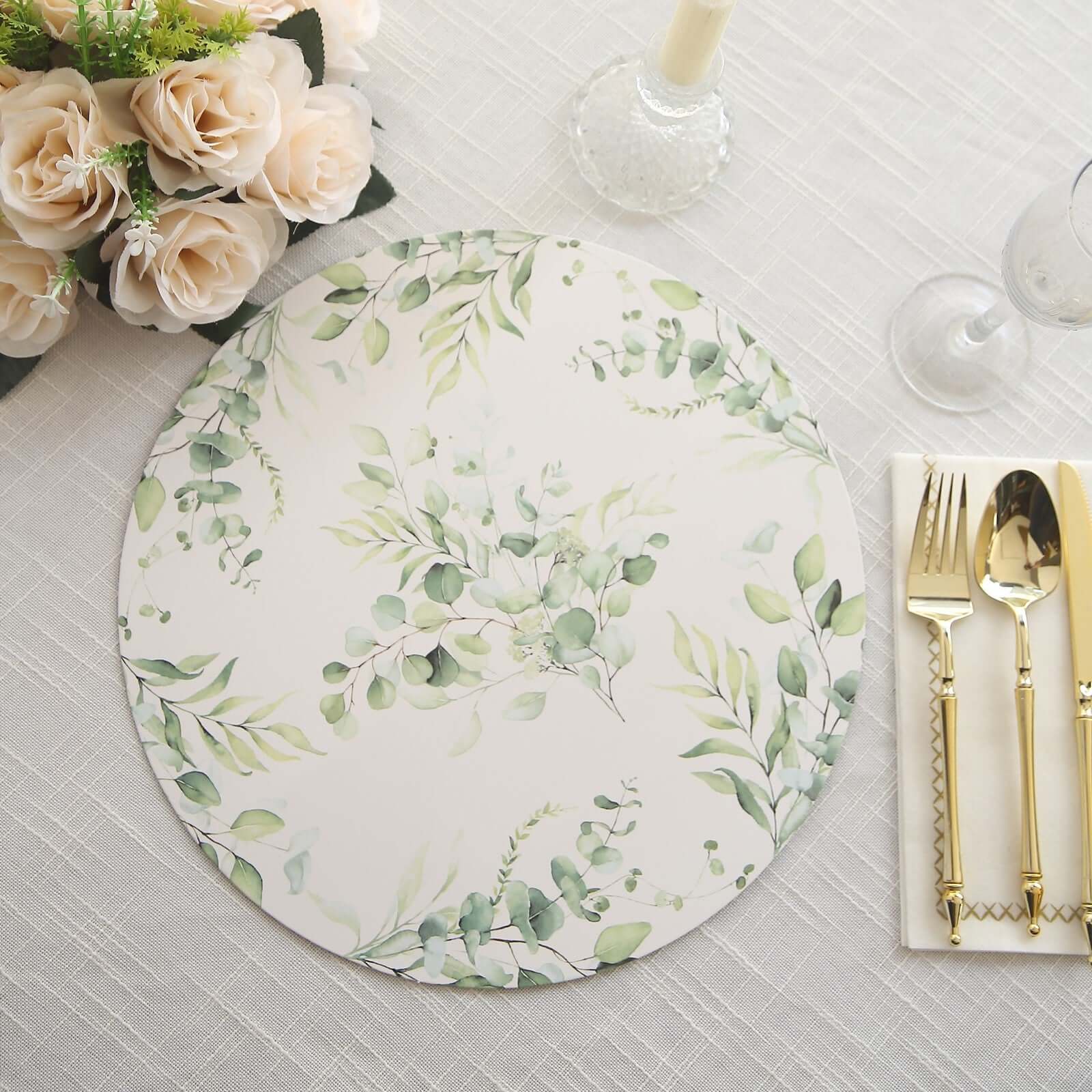 6-Pack Disposable Charger Plates in Eucalyptus Leaves Print 13" in White/Green - 700GSM Paper Chargers for Classy & Convenient Dining - Image 9