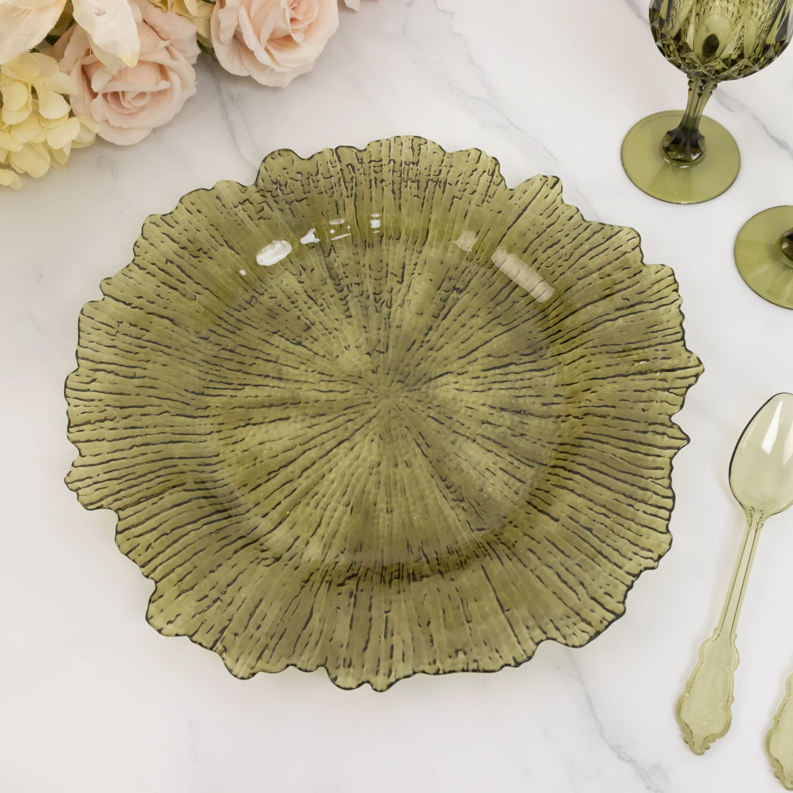 6-Pack Acrylic Plastic Charger Plates 13" Round Transparent Dusty Sage Green Reef Design - Decorative Dinner Charger Tableware - Image 6