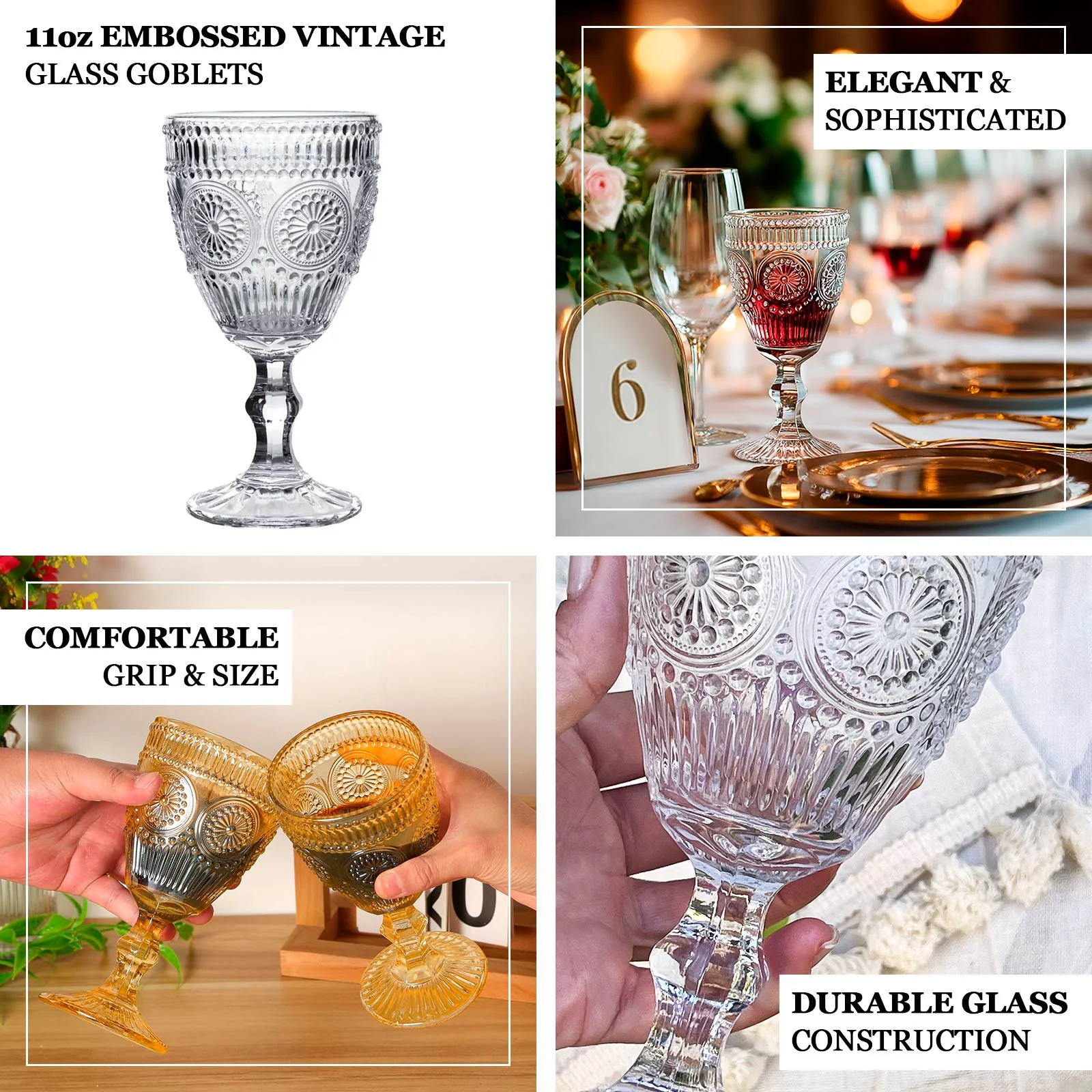 6-Pack Vintage Embossed Glass Goblets 11oz – Amber Gold Floral Pattern Wine & Cocktail Glasses - Image 3