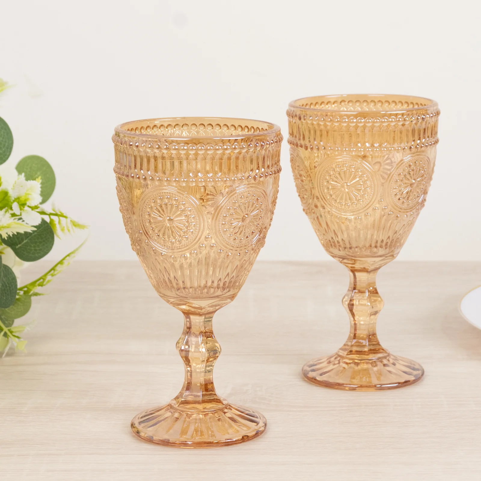 6-Pack Vintage Embossed Glass Goblets 11oz – Amber Gold Floral Pattern Wine & Cocktail Glasses - Image 8