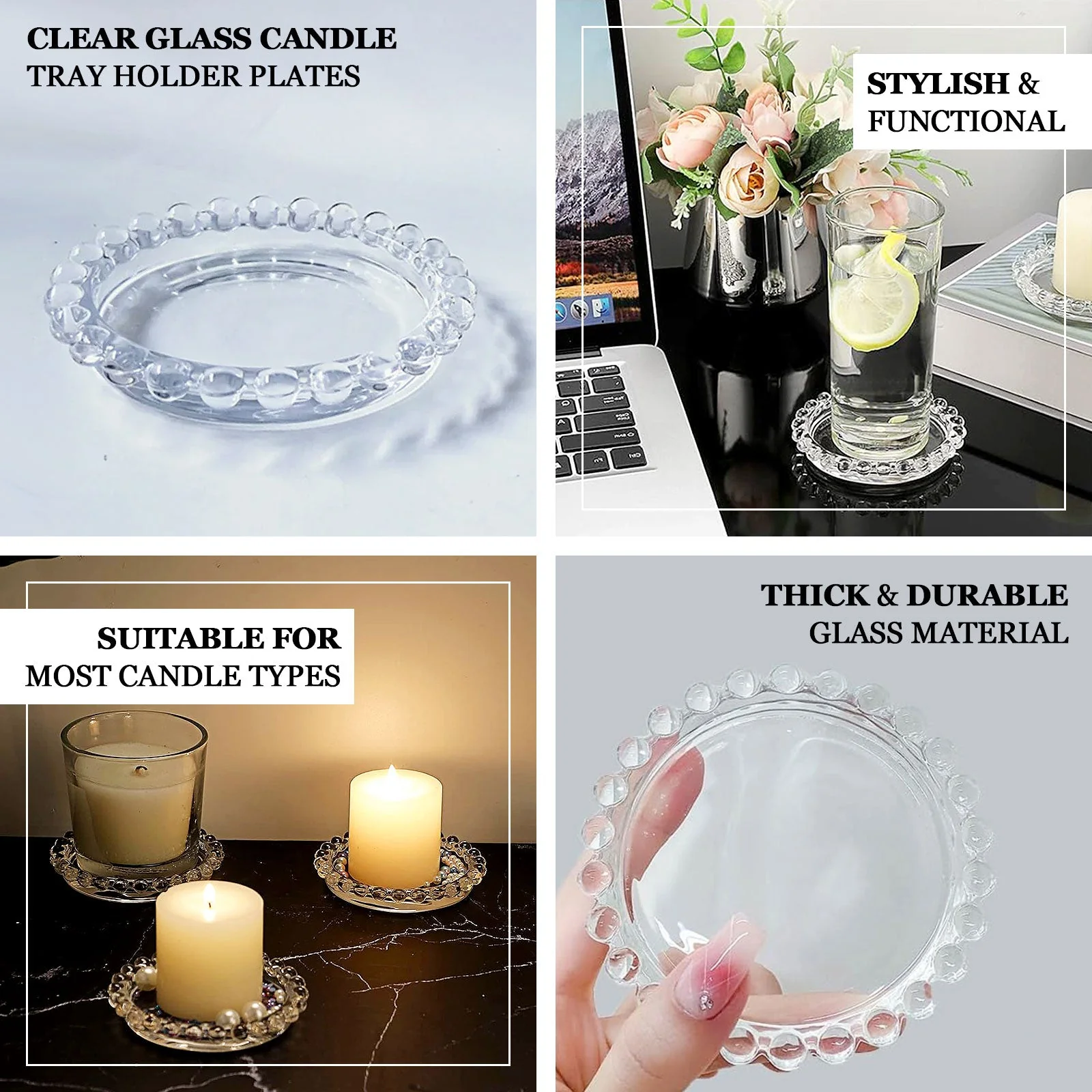 6-Pack Glass Pillar Candle Holder Plates 4" Clear with Beaded Rims - Transparent Small Round Coaster Trays - Image 3
