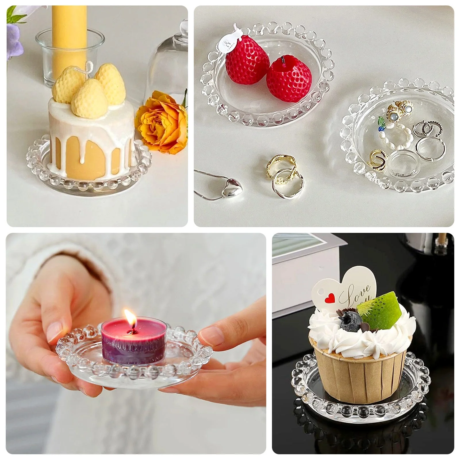 6-Pack Glass Pillar Candle Holder Plates 4" Clear with Beaded Rims - Transparent Small Round Coaster Trays - Image 4