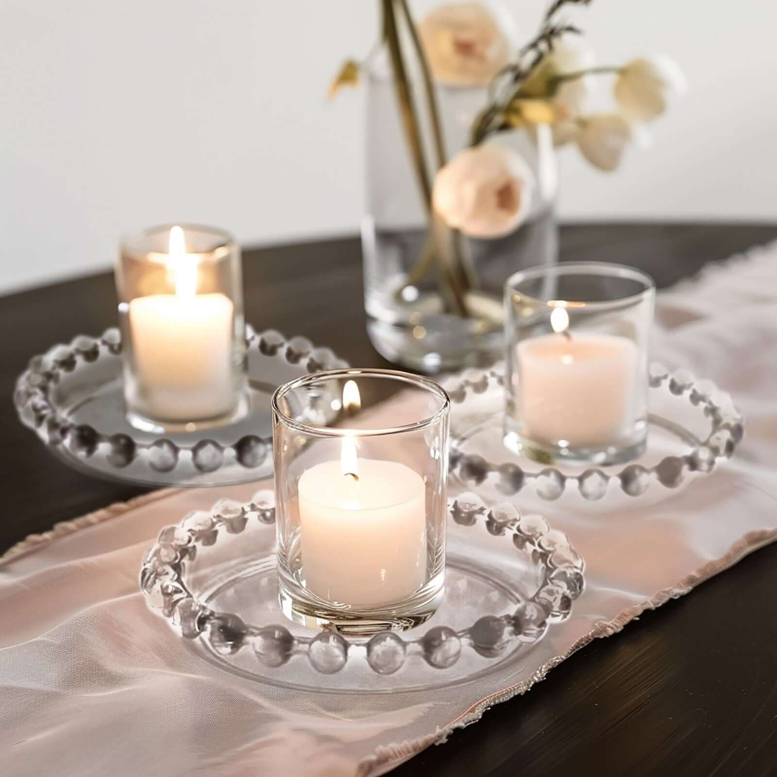6-Pack Glass Pillar Candle Holder Plates 4" Clear with Beaded Rims - Transparent Small Round Coaster Trays - Image 5