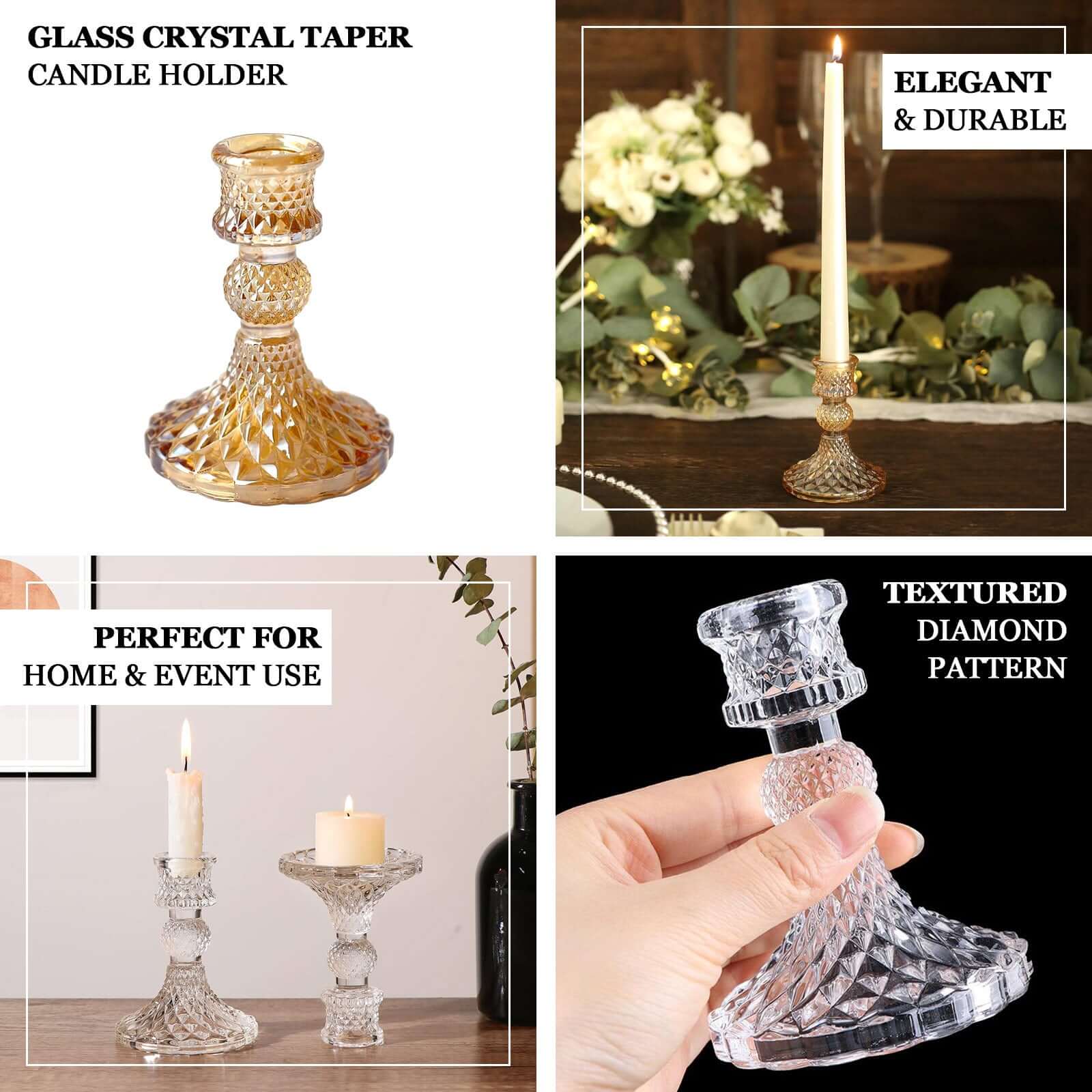 6-Pack Glass Taper Candlestick Holders 4" Diamond Pattern Design Amber Gold - Reversible Crystal Pillar Votive Stands - Image 4