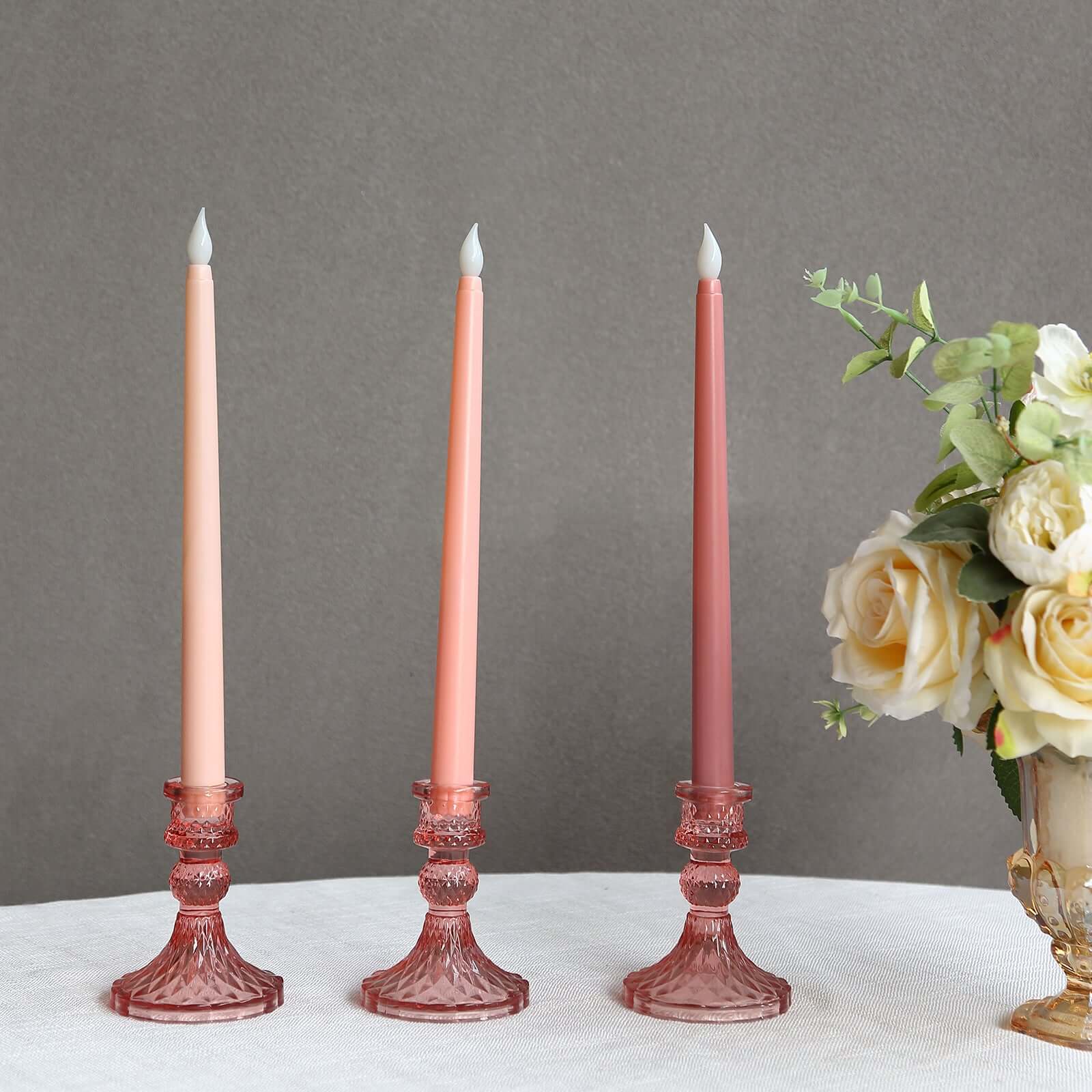 6-Pack Glass Taper Candlestick Holders 4" Diamond Pattern Design Dusty Rose - Reversible Crystal Pillar Votive Stands - Image 6