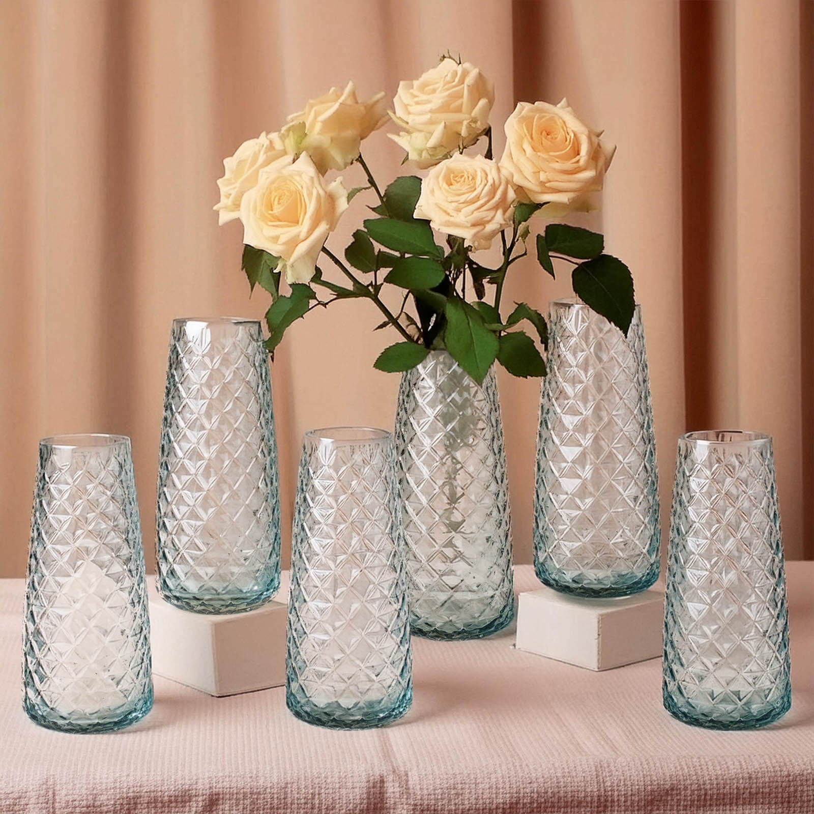 6-Pack Glass Urn Vases Diamond Crystal Cut Pattern 8.5" Clear - Transparent Design Floral Table Centerpieces - Image 2