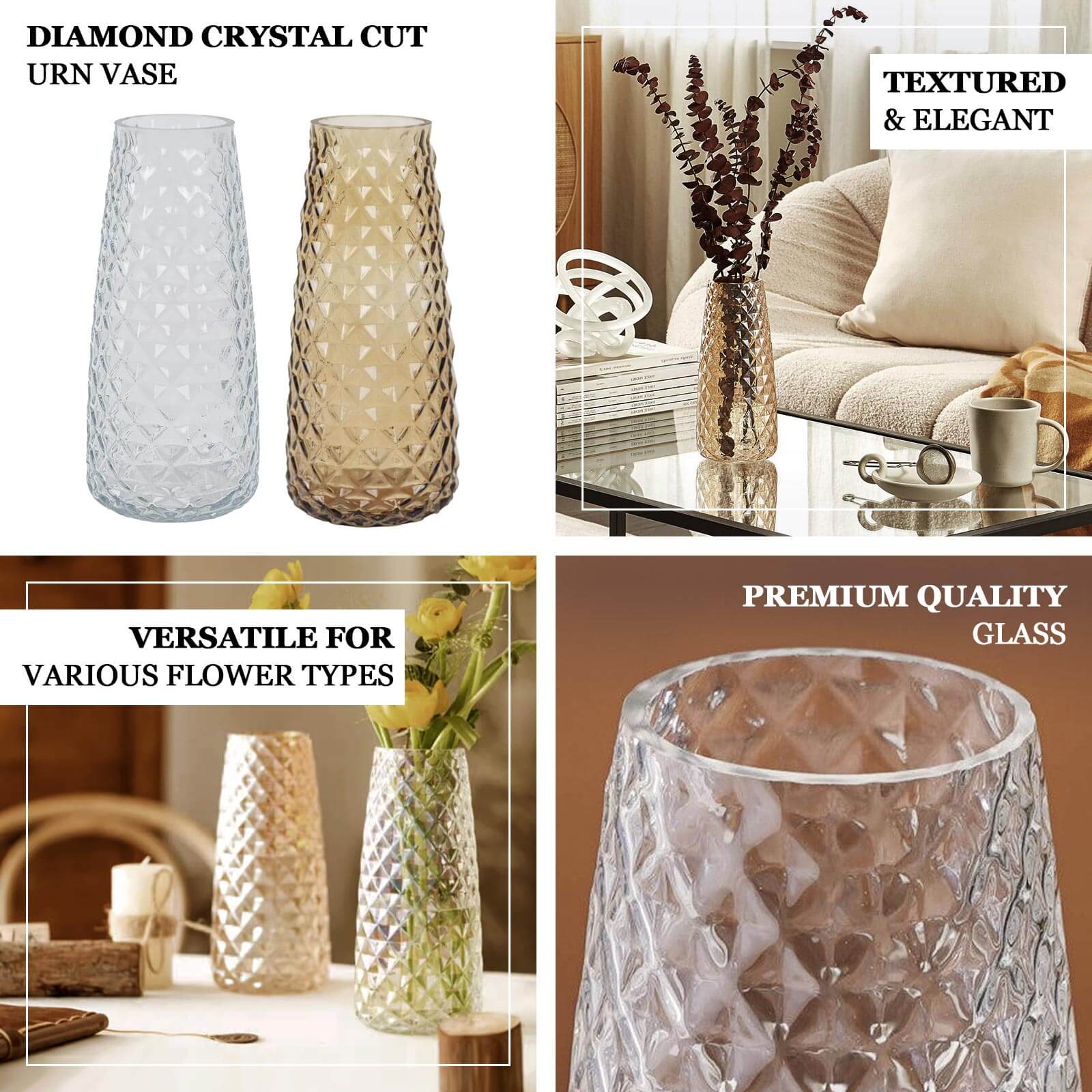 6-Pack Glass Urn Vases Diamond Crystal Cut Pattern 8.5" Clear - Transparent Design Floral Table Centerpieces - Image 4