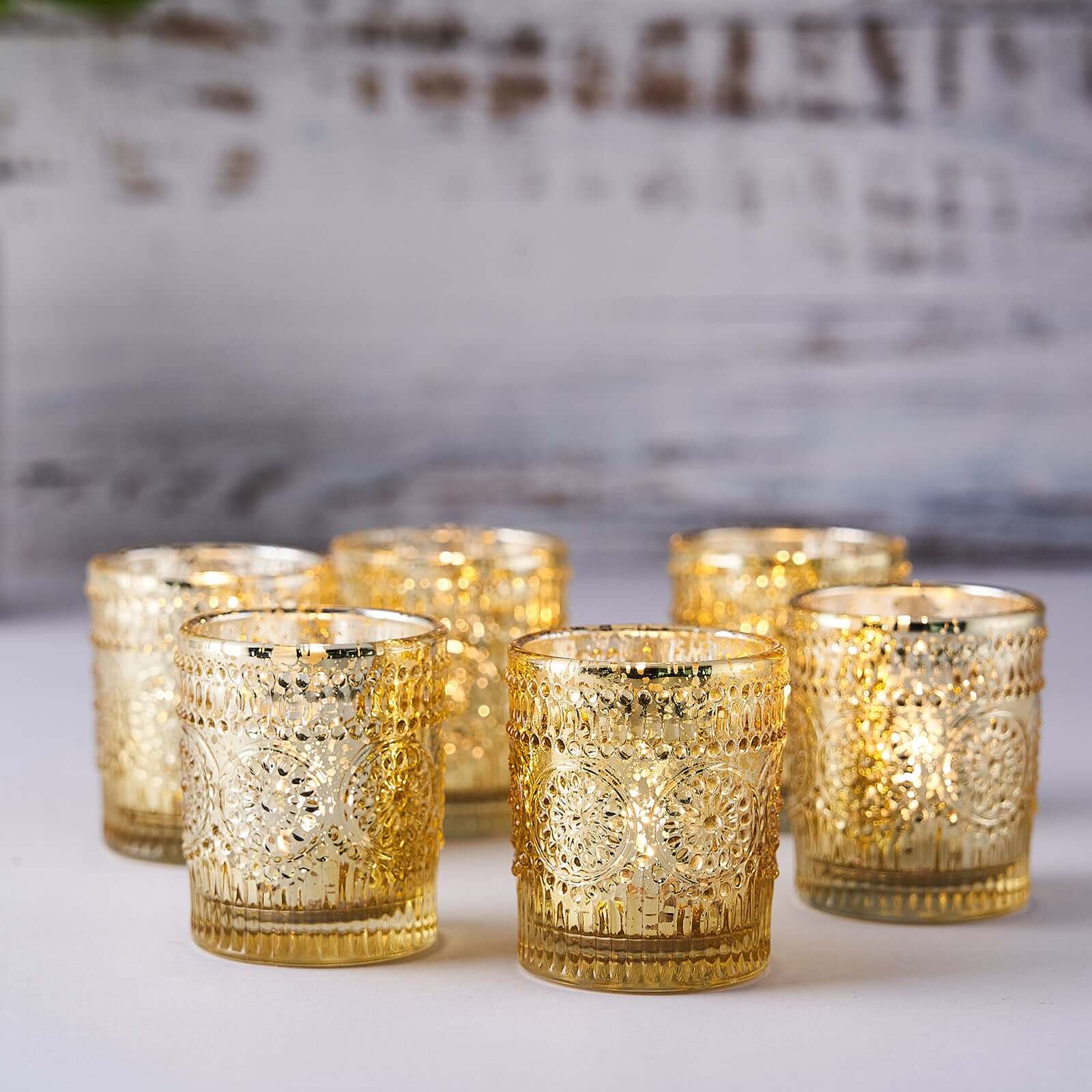 6 Pack Glass Votive Candle Holders in Gold Primrose Design, Votive Tealight Holders - Image 2