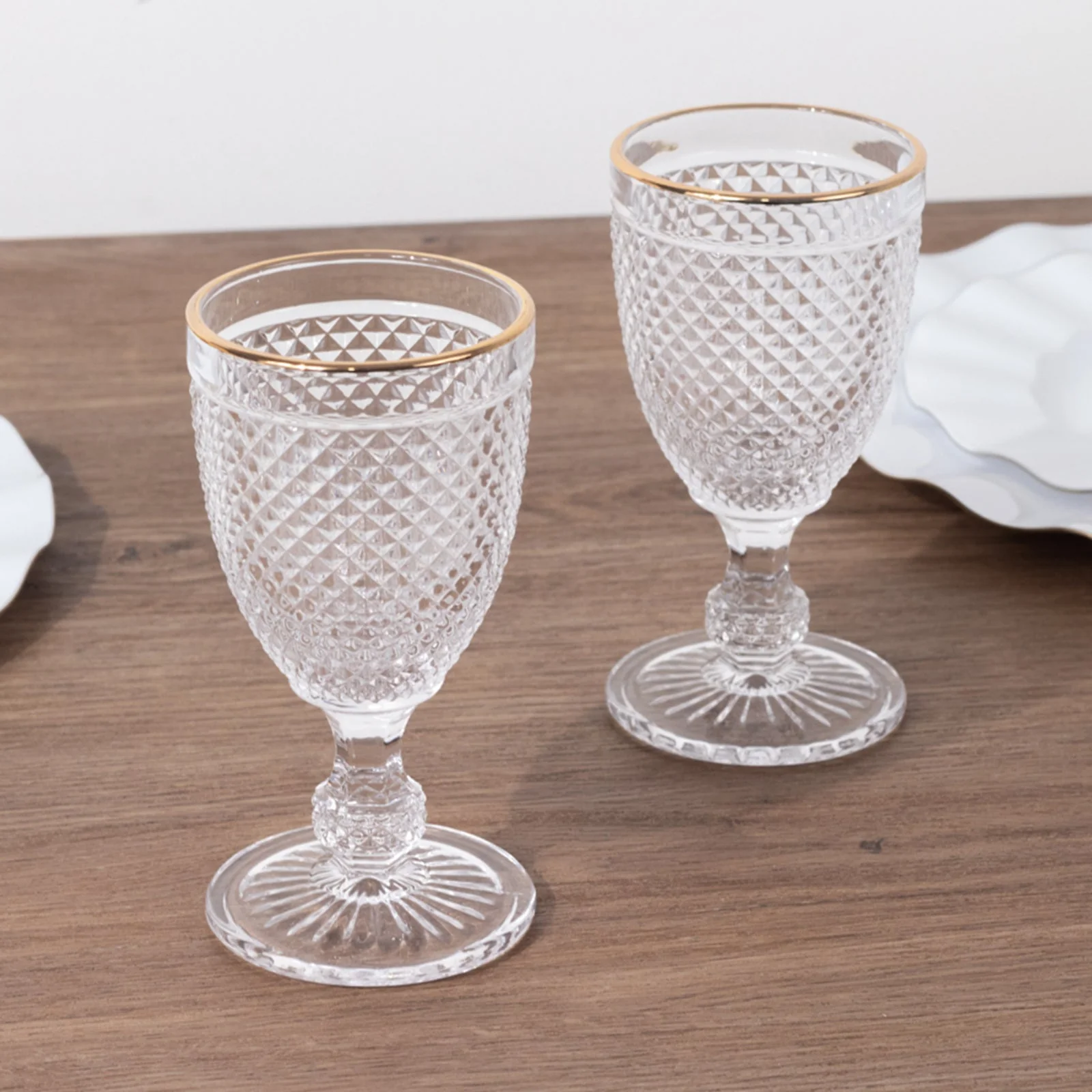 6-Pack Glass Wine Goblets 8oz Clear with Gold Rim and Embossed Diamond Pattern 6" - Vintage Short Stem Cocktail Glasses