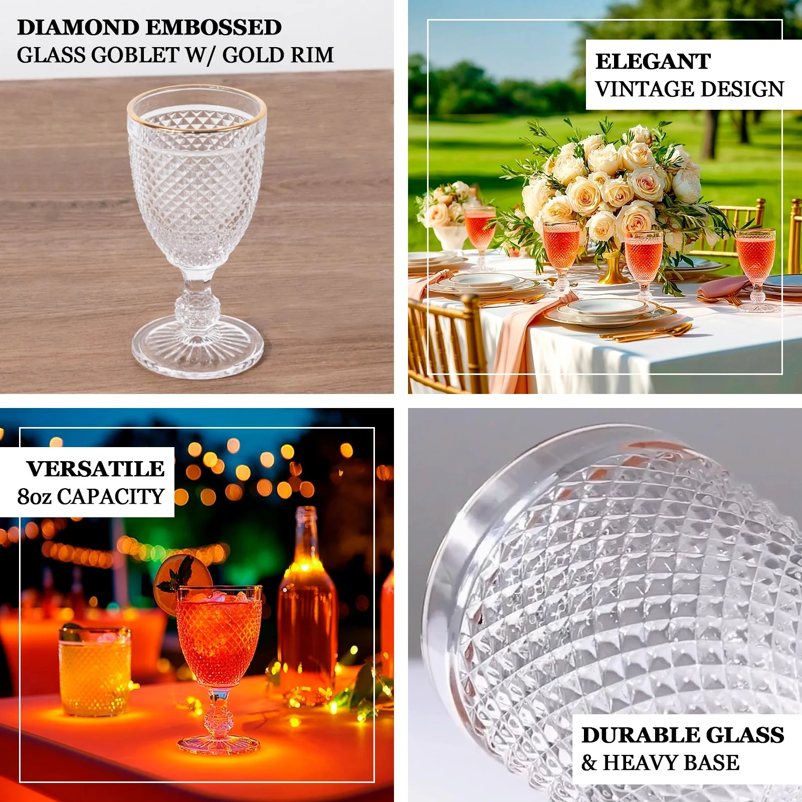 6-Pack Glass Wine Goblets 8oz Clear with Gold Rim and Embossed Diamond Pattern 6" - Vintage Short Stem Cocktail Glasses - Image 3
