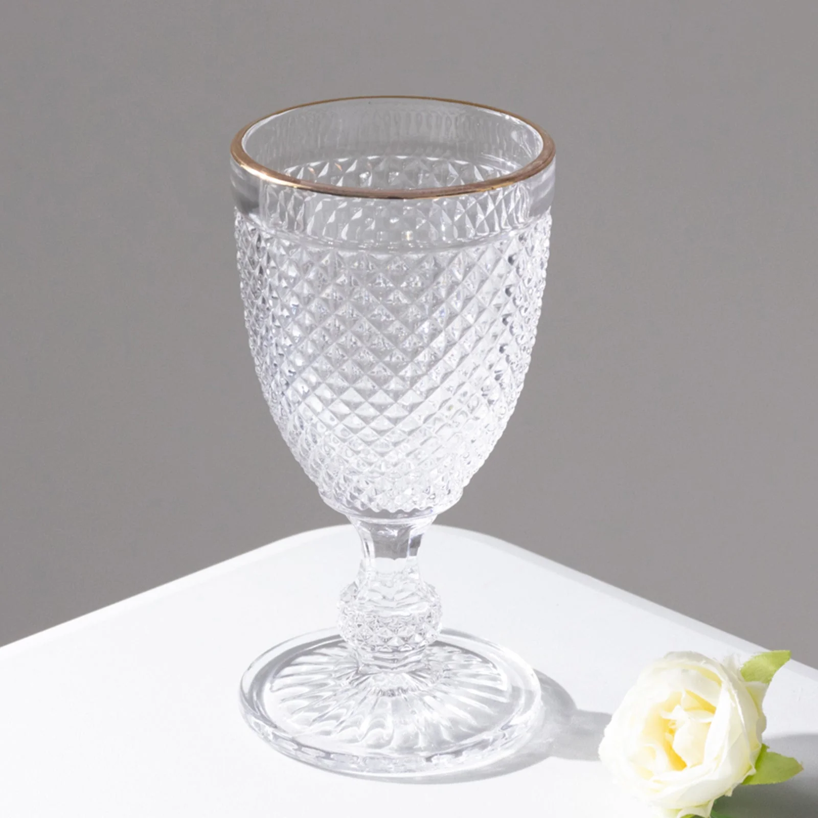 6-Pack Glass Wine Goblets 8oz Clear with Gold Rim and Embossed Diamond Pattern 6" - Vintage Short Stem Cocktail Glasses - Image 7