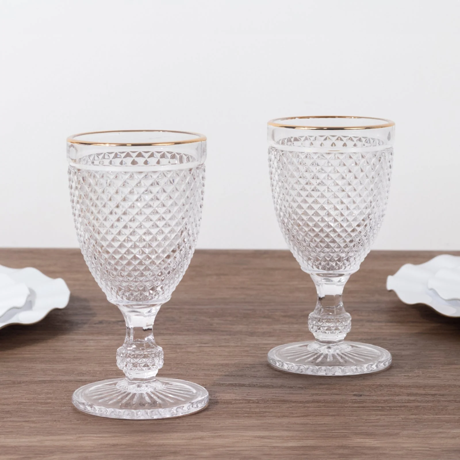 6-Pack Glass Wine Goblets 8oz Clear with Gold Rim and Embossed Diamond Pattern 6" - Vintage Short Stem Cocktail Glasses - Image 8