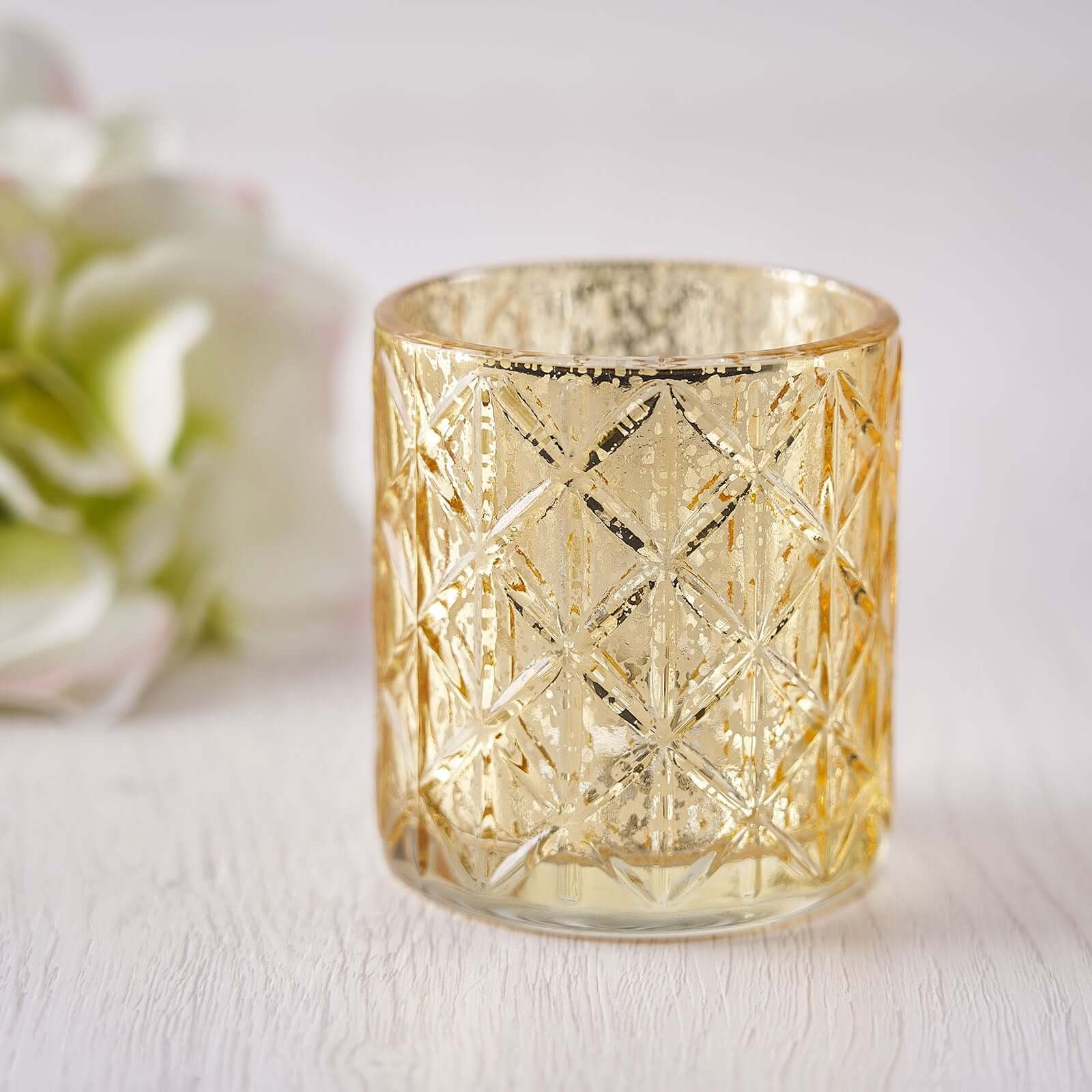 6-Pack Mercury Glass Candle Holders 3" Shiny Gold with Geometric Design - Votive Tealight Holders - Image 8