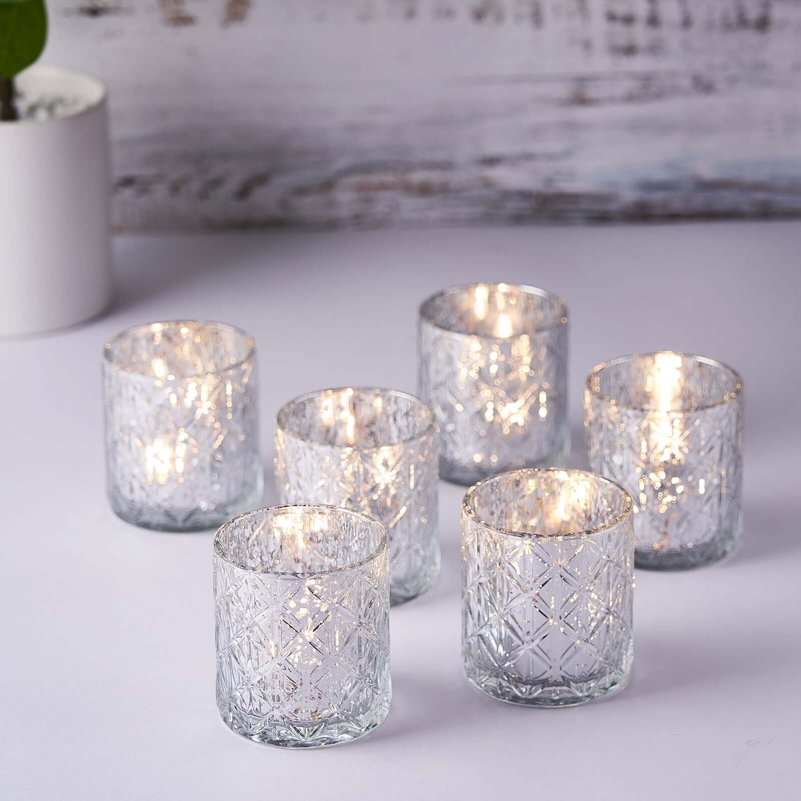 6-Pack Mercury Glass Candle Holders 3" Shiny Silver with Geometric Design - Votive Tealight Holders - Image 8