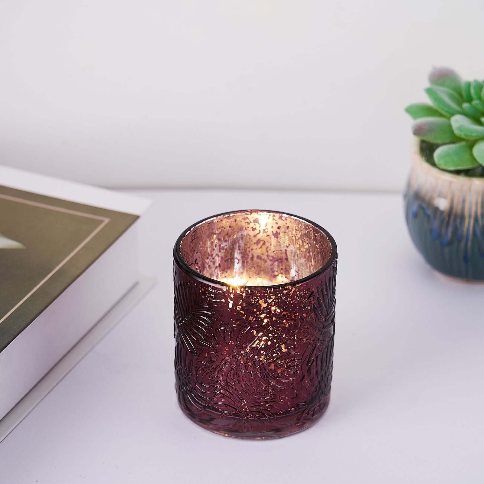 6-Pack Mercury Glass Candle Holders Palm Leaf Design Burgundy - Votive Tealight Holders for Events - Image 13