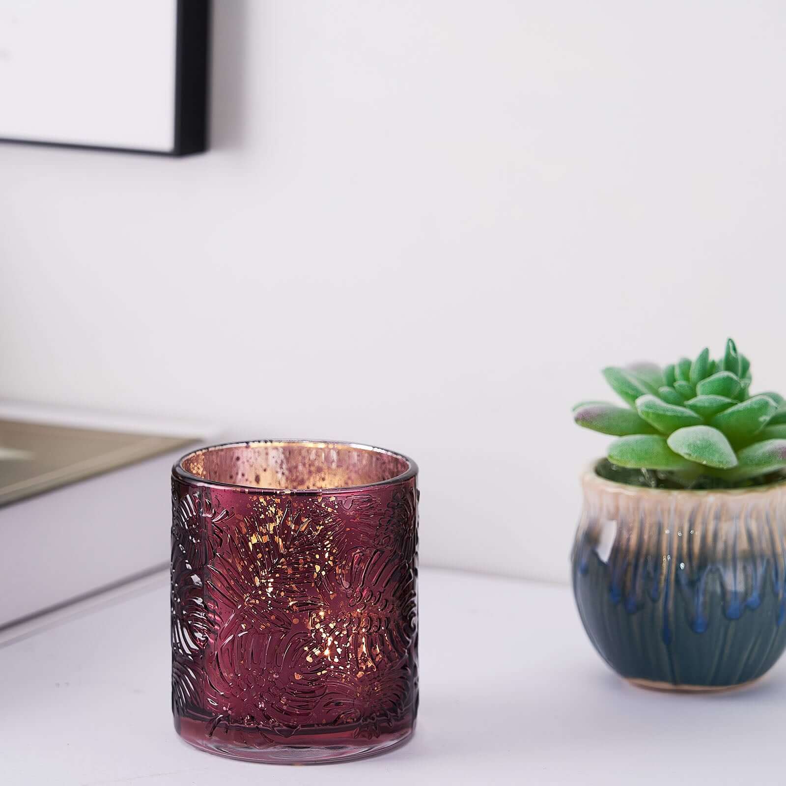 6-Pack Mercury Glass Candle Holders Palm Leaf Design Burgundy - Votive Tealight Holders for Events - Image 15