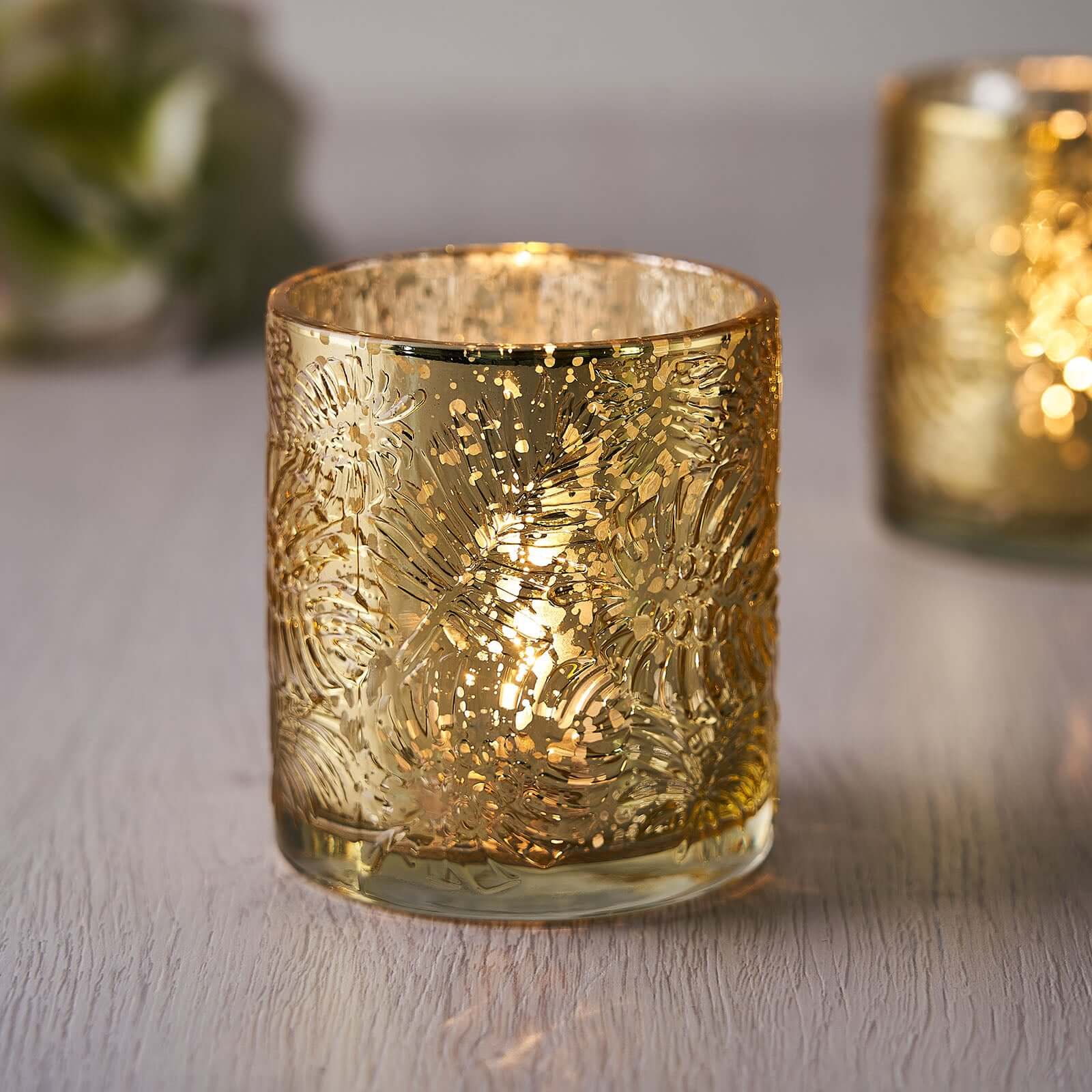 6-Pack Mercury Glass Candle Holders Palm Leaf Design Gold - Votive Tealight Holders for Events - Image 5