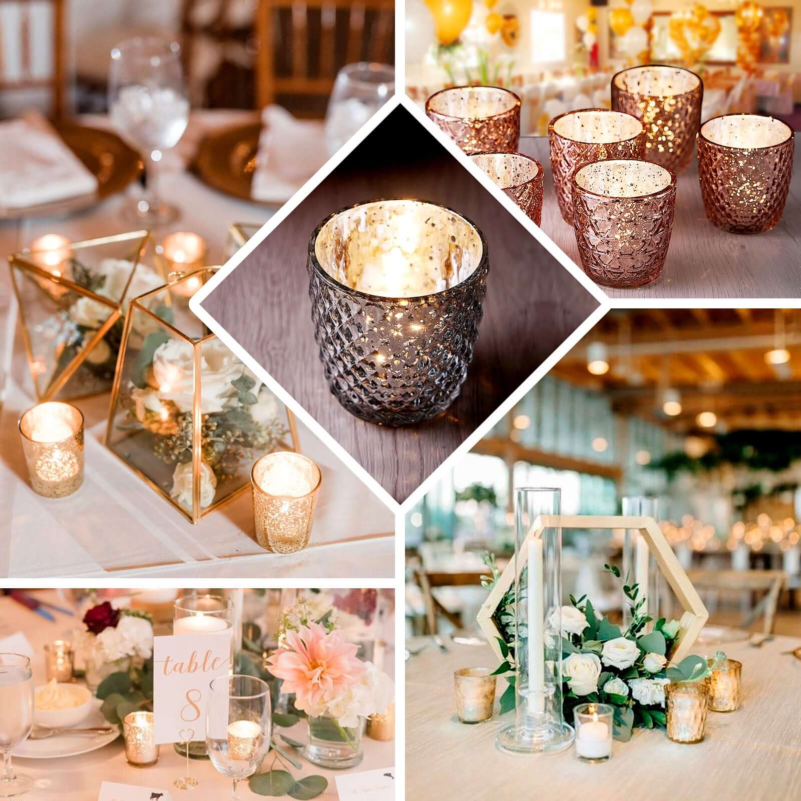6-Pack Mercury Glass Votive Candle Holders 3" Metallic Silver with Assorted Geometric Designs - Tealight Holders - Image 5