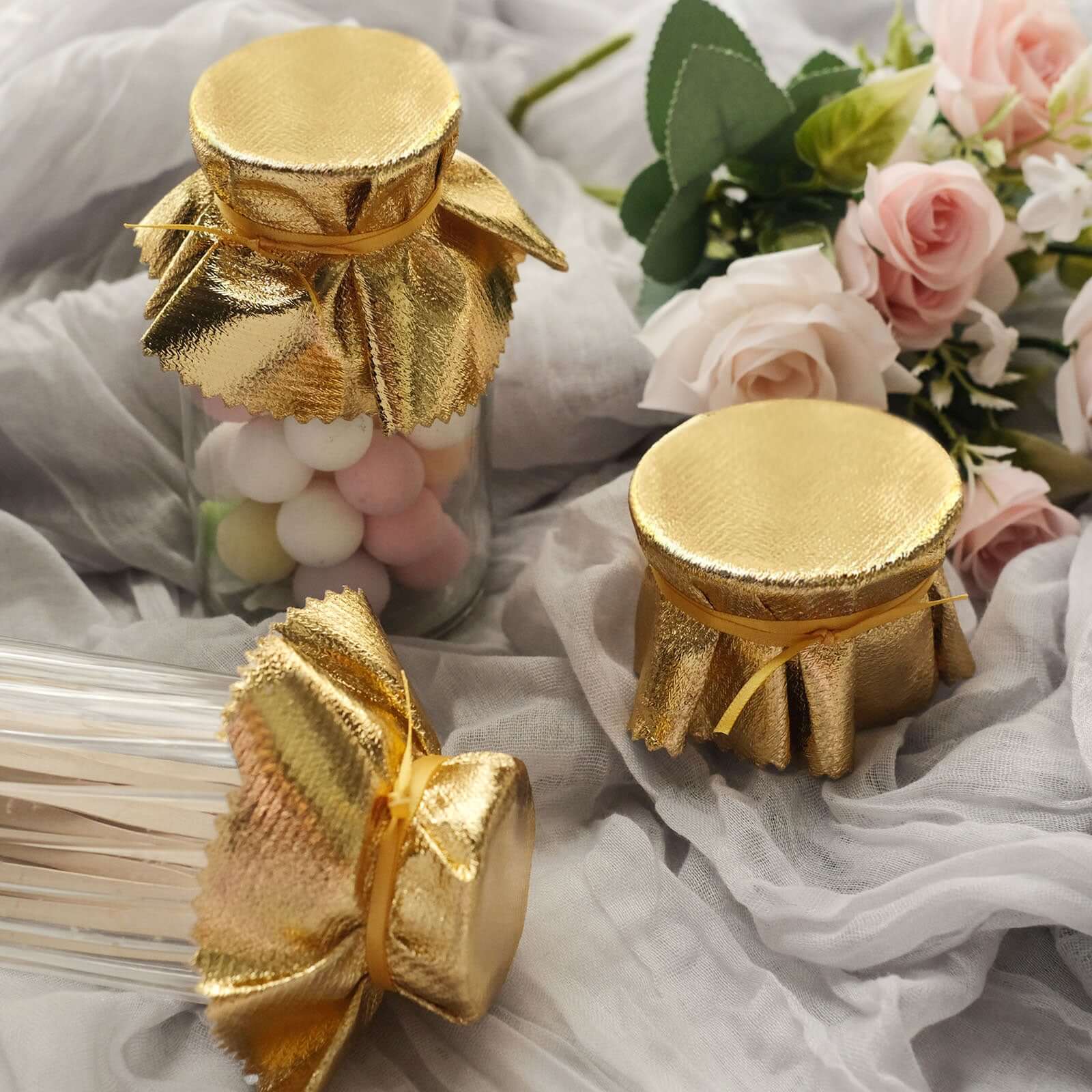 6-Pack Metallic Gold Fabric Jar Covers 6" Round Lame Design with Satin Tie String - DIY Party Favors & Craft Supplies
