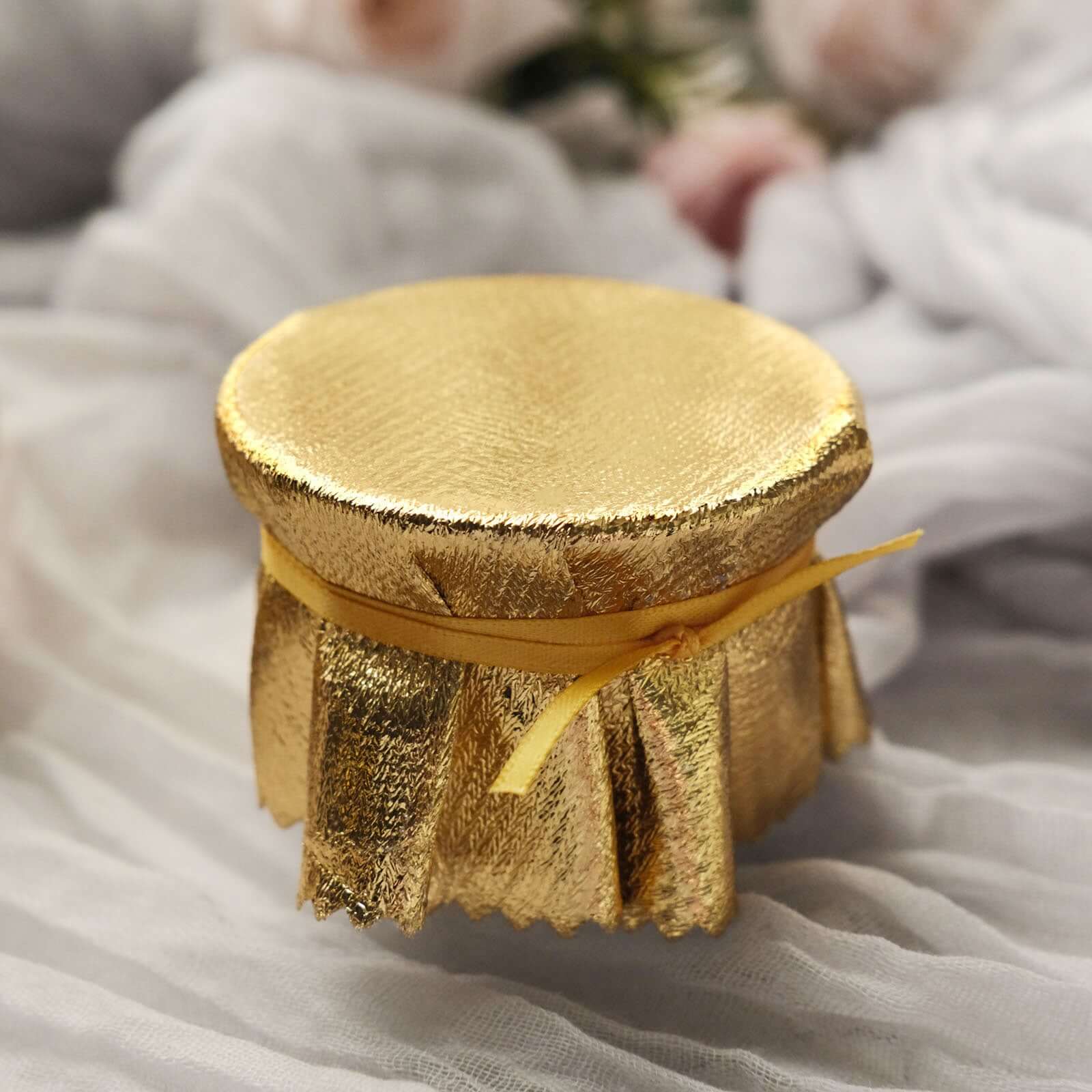 6-Pack Metallic Gold Fabric Jar Covers 6" Round Lame Design with Satin Tie String - DIY Party Favors & Craft Supplies - Image 10