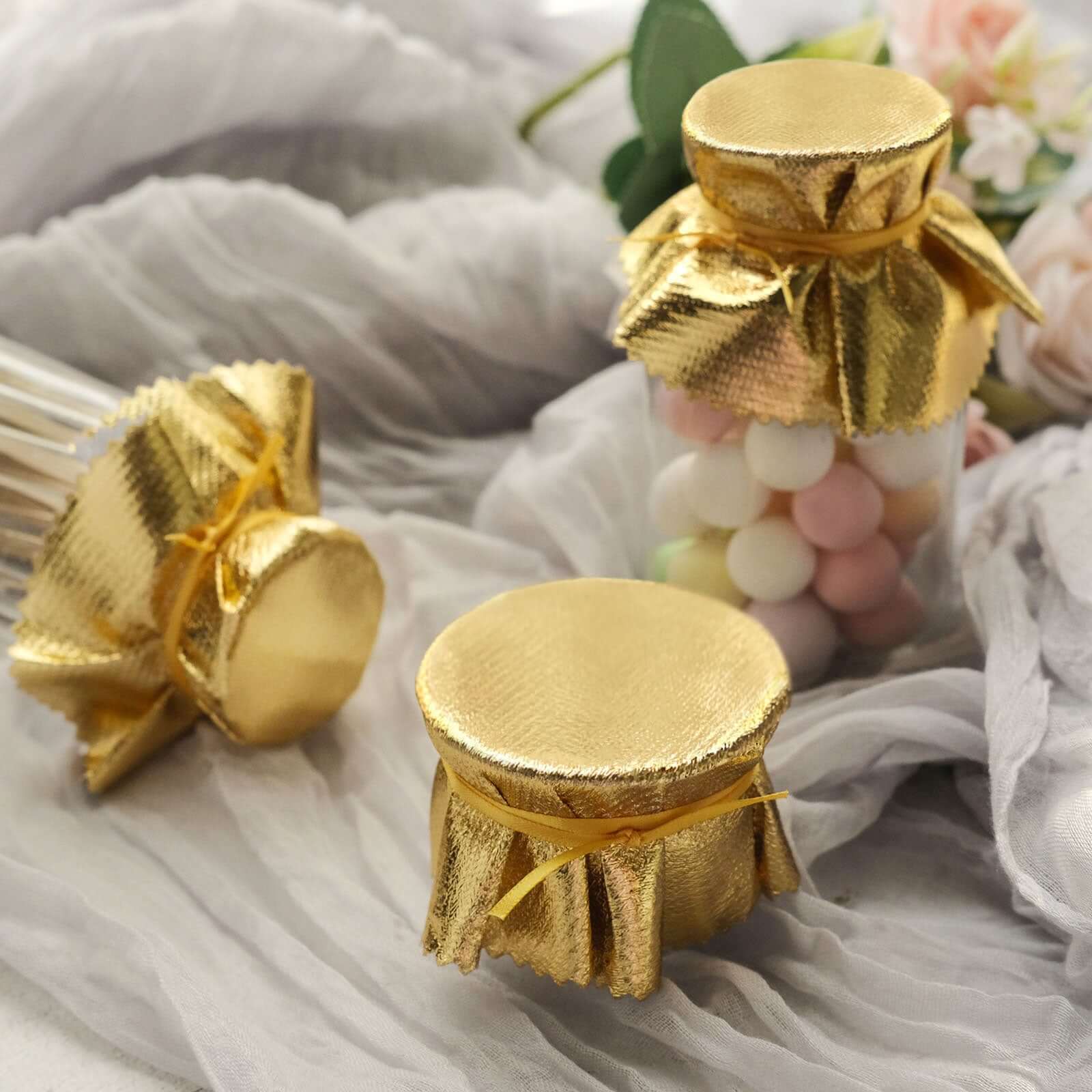 6-Pack Metallic Gold Fabric Jar Covers 6" Round Lame Design with Satin Tie String - DIY Party Favors & Craft Supplies - Image 11
