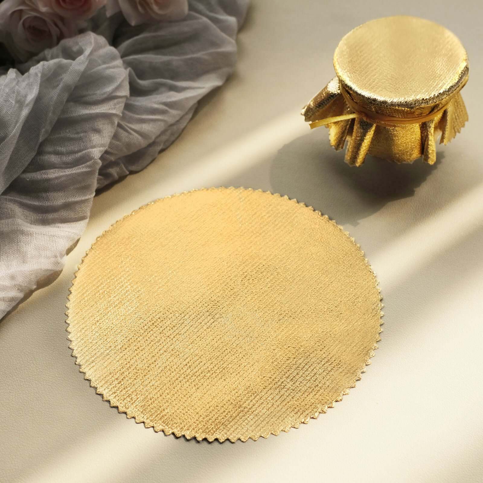 6-Pack Metallic Gold Fabric Jar Covers 6" Round Lame Design with Satin Tie String - DIY Party Favors & Craft Supplies - Image 2