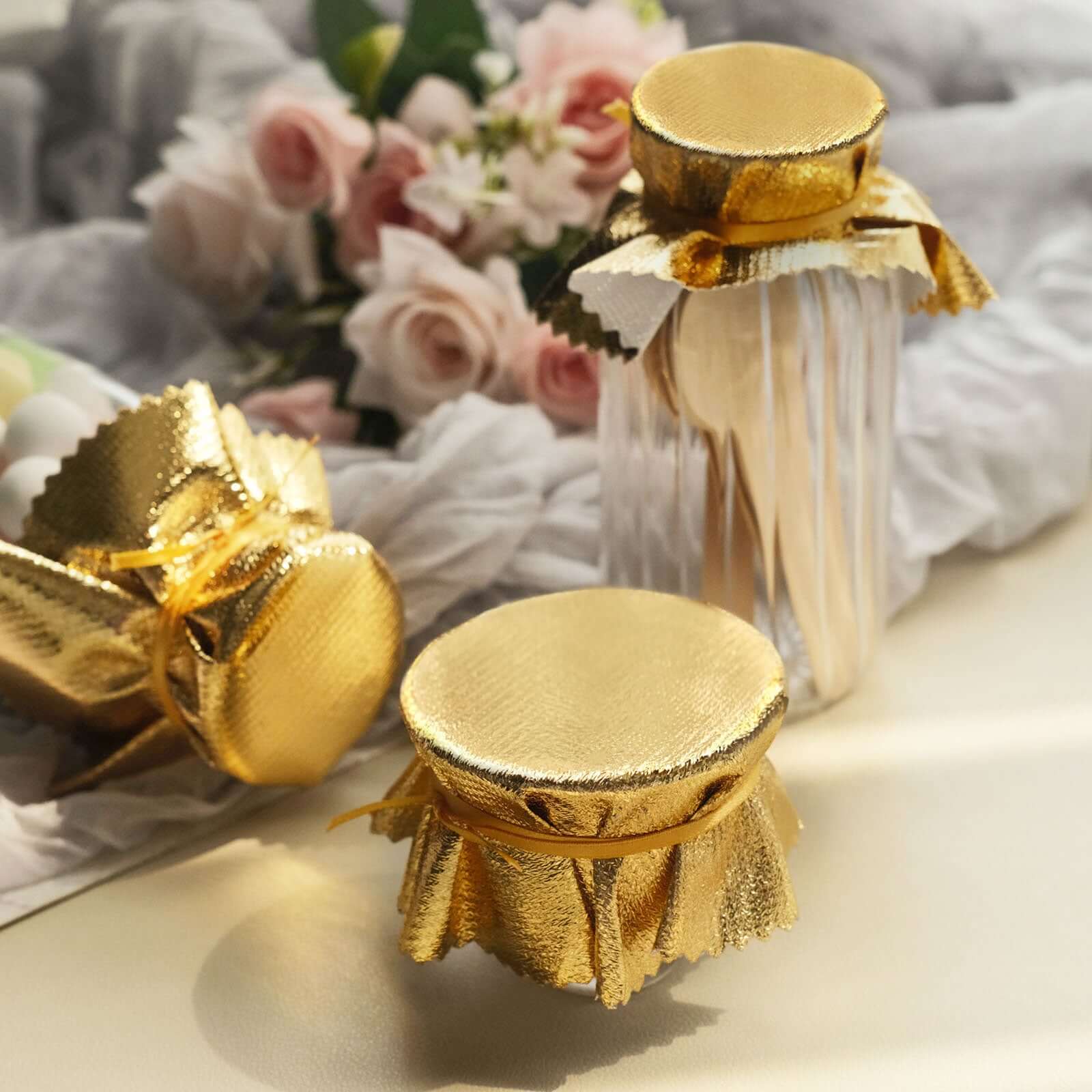 6-Pack Metallic Gold Fabric Jar Covers 6" Round Lame Design with Satin Tie String - DIY Party Favors & Craft Supplies - Image 4