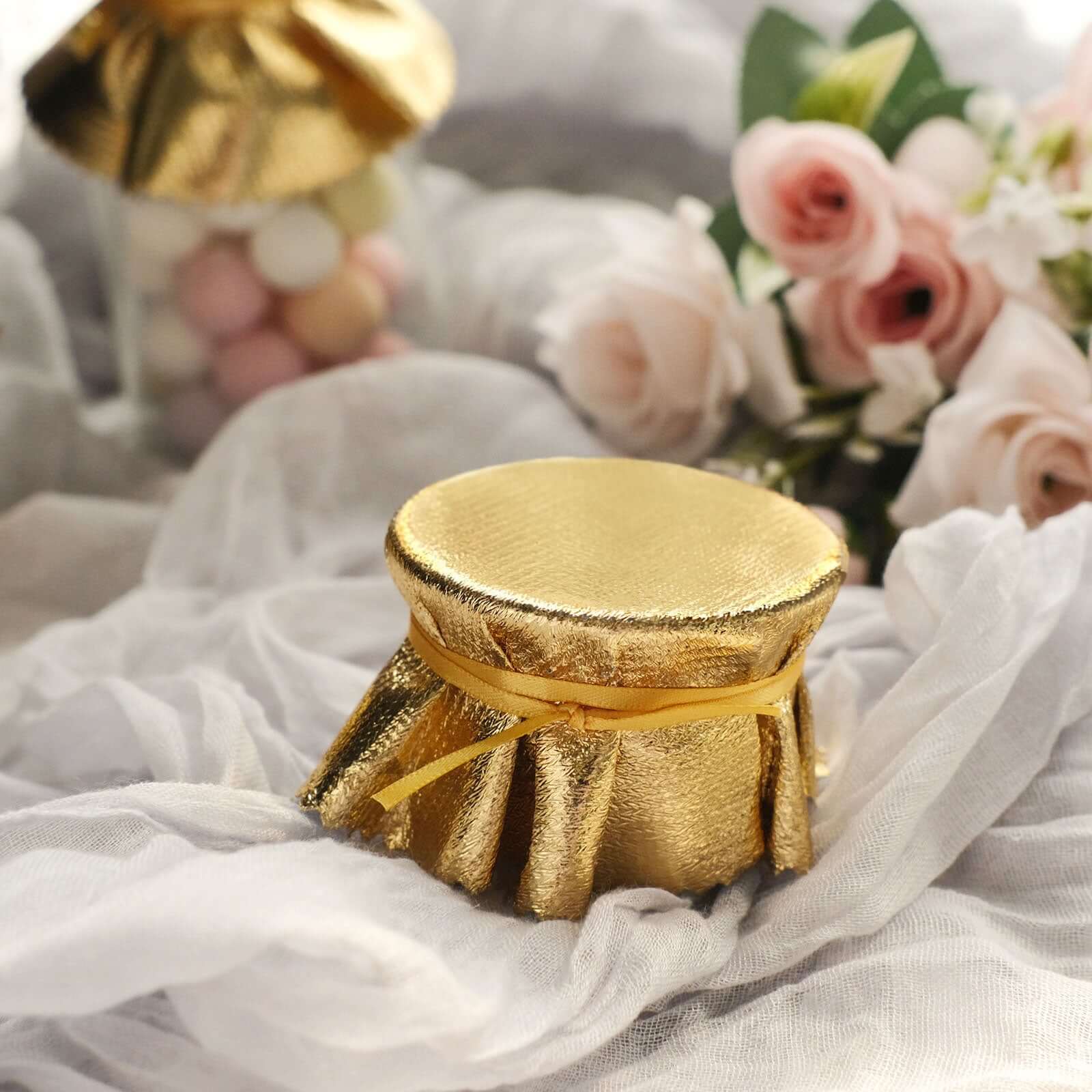 6-Pack Metallic Gold Fabric Jar Covers 6" Round Lame Design with Satin Tie String - DIY Party Favors & Craft Supplies - Image 5