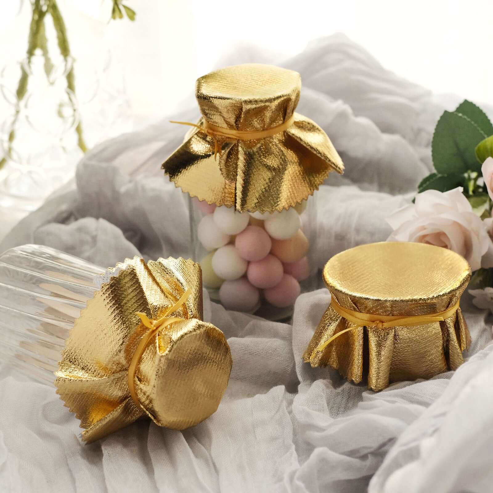 6-Pack Metallic Gold Fabric Jar Covers 6" Round Lame Design with Satin Tie String - DIY Party Favors & Craft Supplies - Image 6