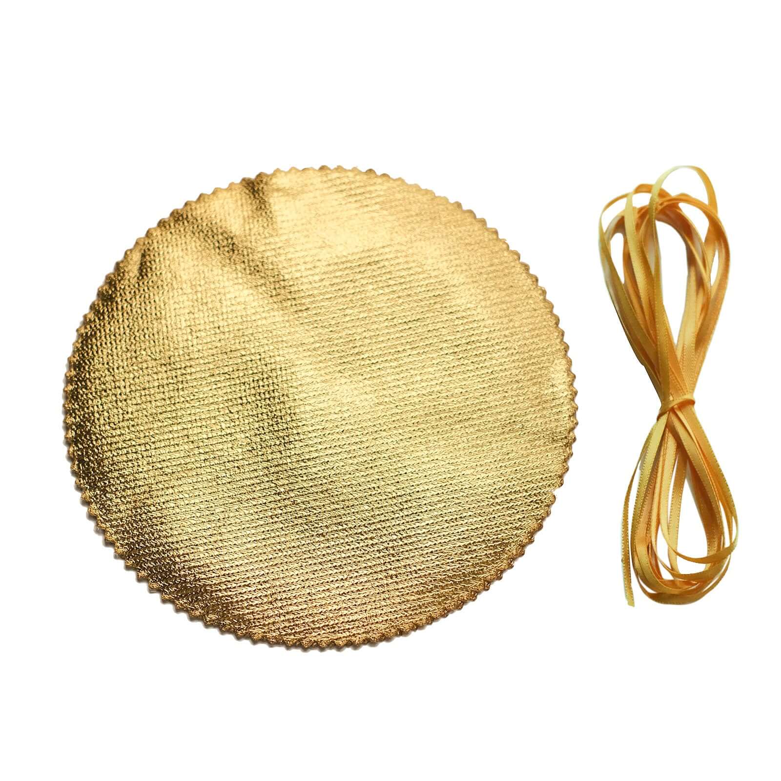 6-Pack Metallic Gold Fabric Jar Covers 6" Round Lame Design with Satin Tie String - DIY Party Favors & Craft Supplies - Image 7