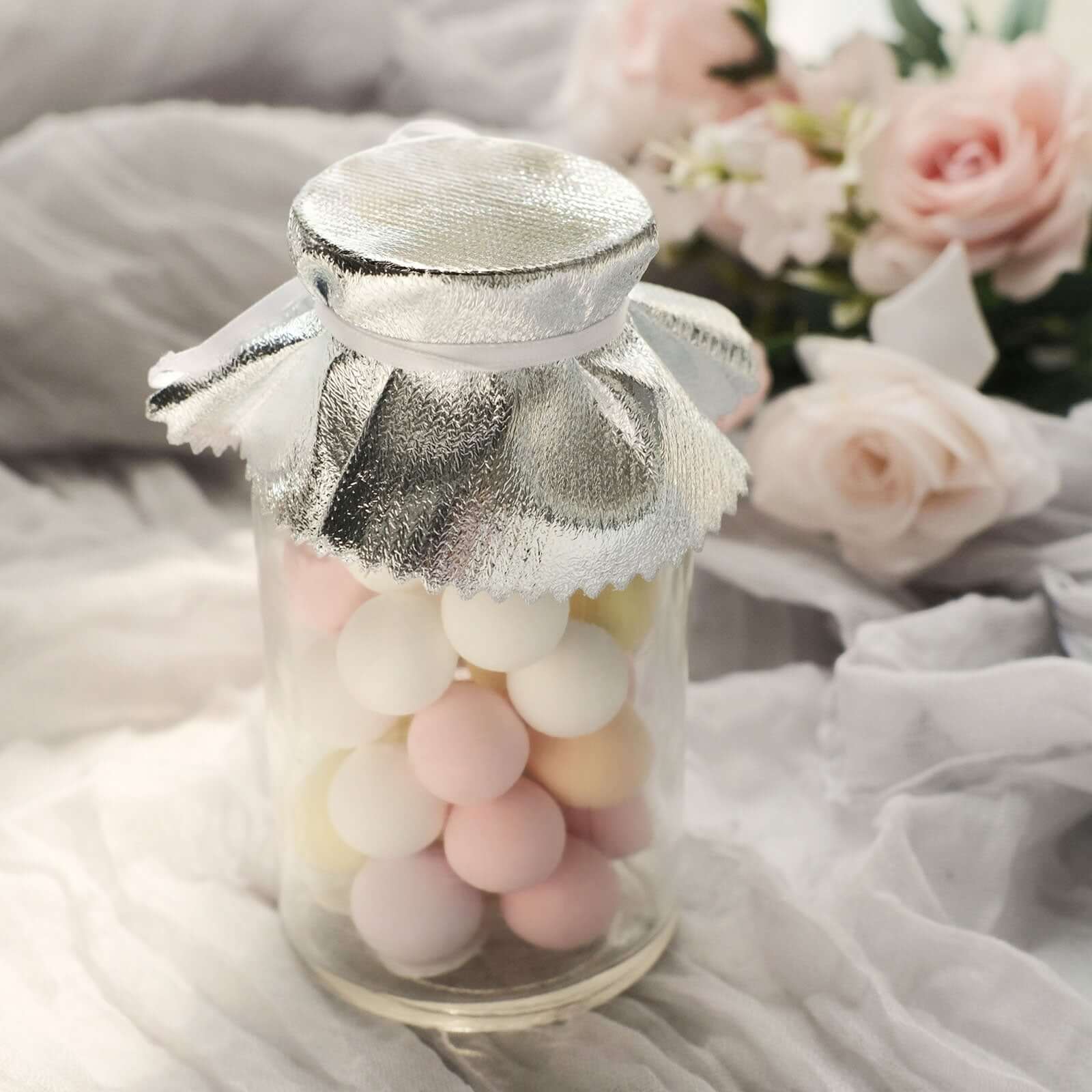 6-Pack Metallic Silver Fabric Jar Covers 6" Round Lame Design with Satin Tie String - DIY Party Favors & Craft Supplies - Image 8