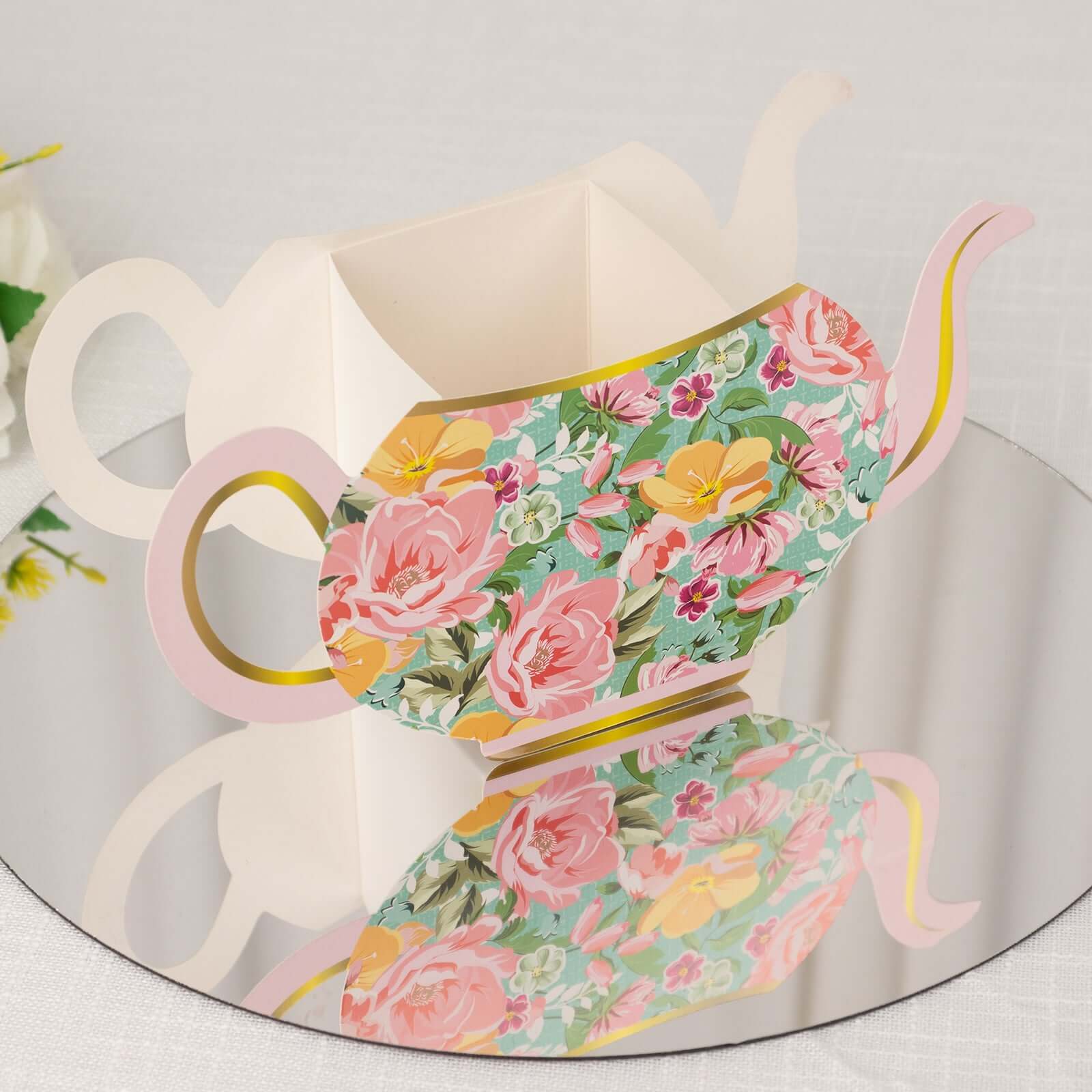 6 Pack Mixed Paper Teapot Favor Boxes with Vintage Floral Design, Flower Boxes Centerpiece Tea Party Supplies - 10"x3.5"x5" - Image 16