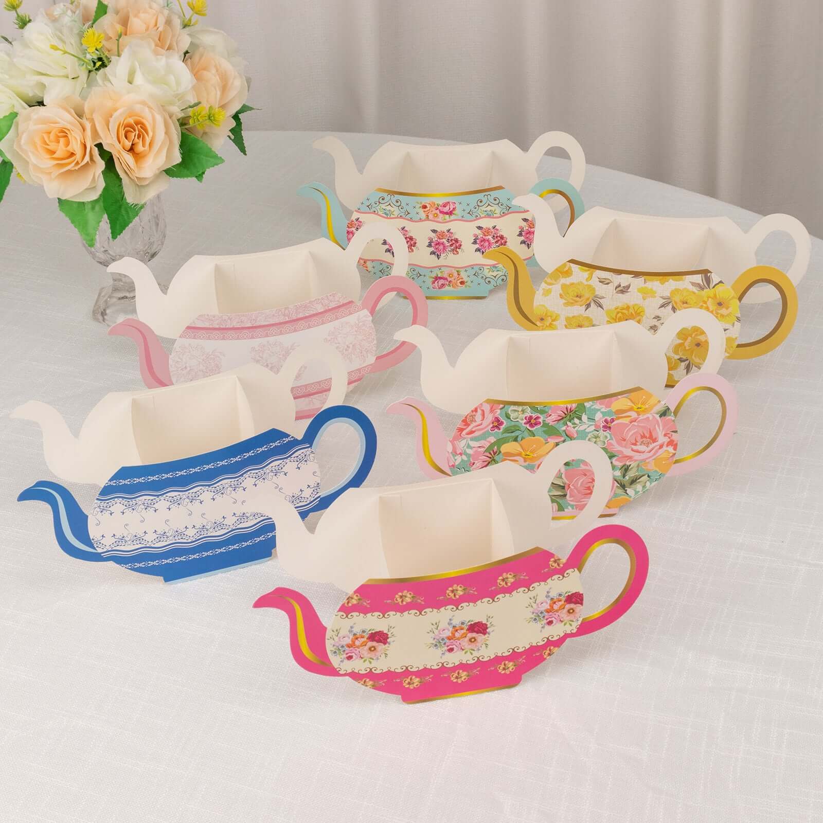 6 Pack Mixed Paper Teapot Favor Boxes with Vintage Floral Design, Flower Boxes Centerpiece Tea Party Supplies - 10"x3.5"x5" - Image 4