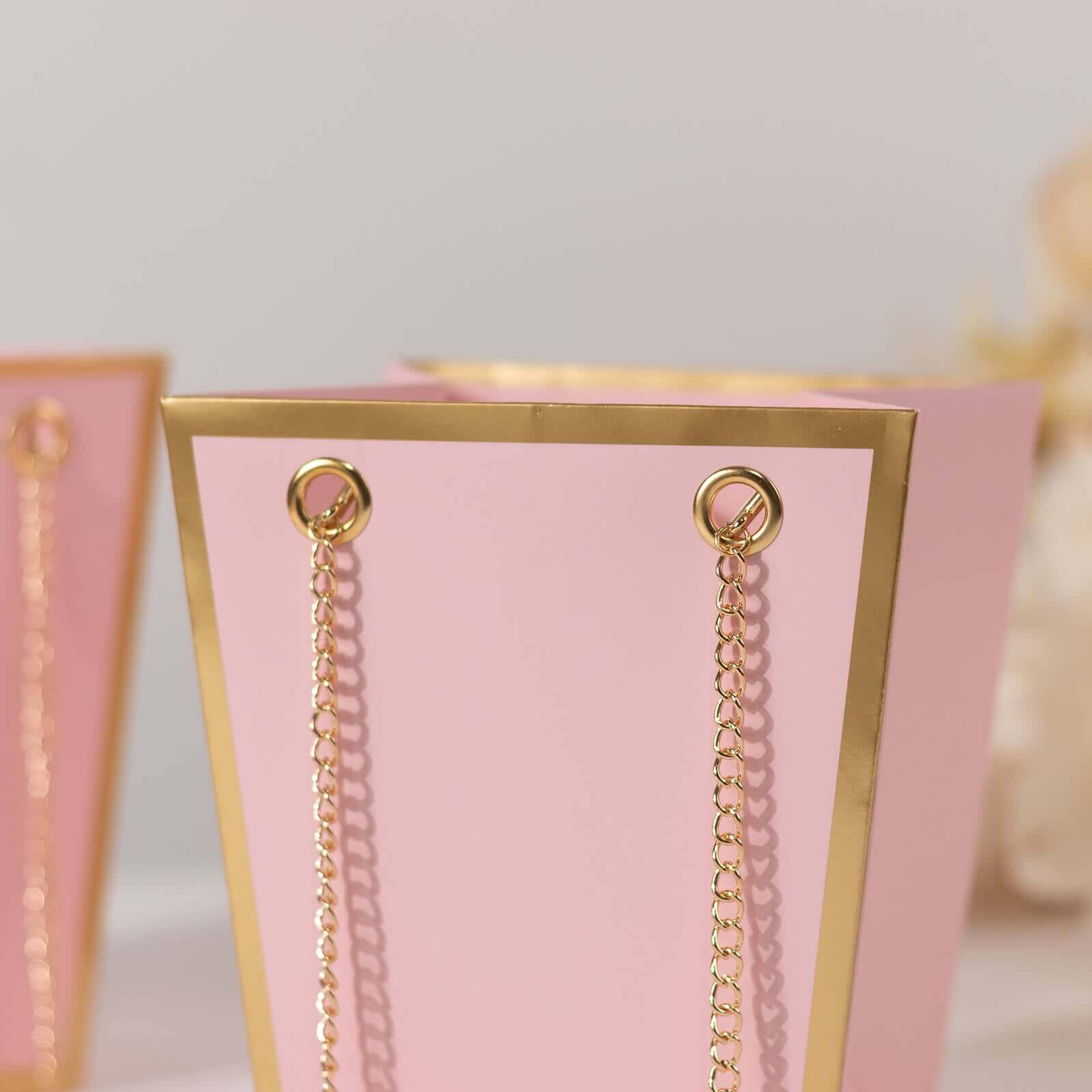 6 Pack Pink Gold Edge Paper Flower Gift Bags With Metal Chain Handles, Party Favor Tote Bags in Trapezoid Shape - 5"x6" - Image 10