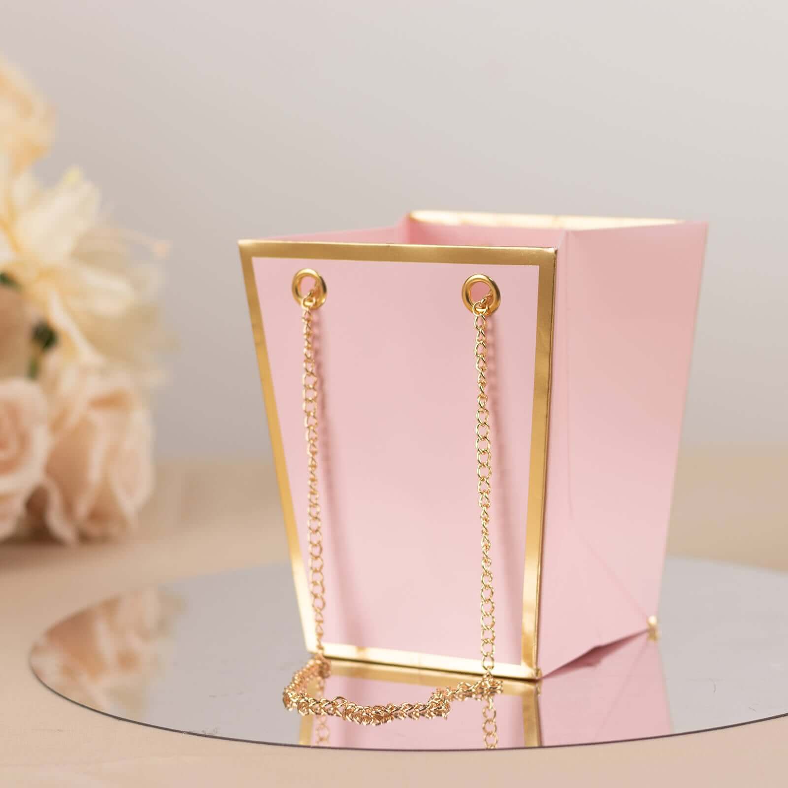 6 Pack Pink Gold Edge Paper Flower Gift Bags With Metal Chain Handles, Party Favor Tote Bags in Trapezoid Shape - 5"x6" - Image 2