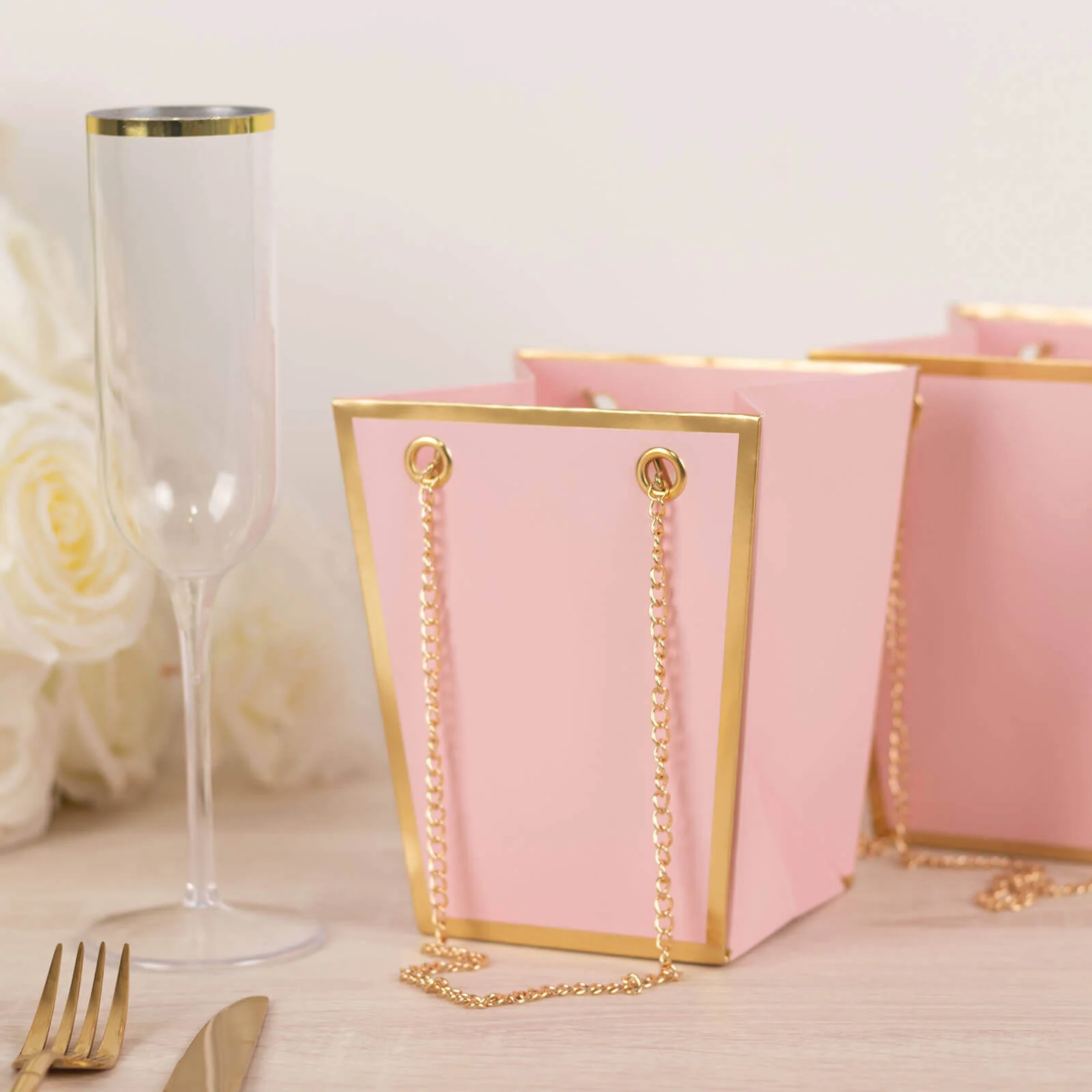 6 Pack Pink Gold Edge Paper Flower Gift Bags With Metal Chain Handles, Party Favor Tote Bags in Trapezoid Shape - 5"x6" - Image 6