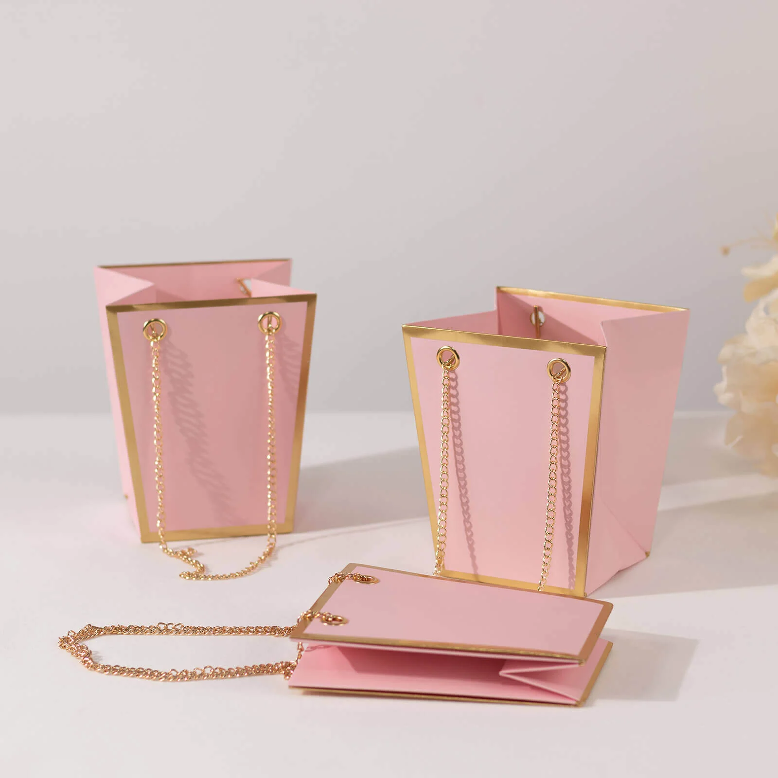 6 Pack Pink Gold Edge Paper Flower Gift Bags With Metal Chain Handles, Party Favor Tote Bags in Trapezoid Shape - 5"x6" - Image 7