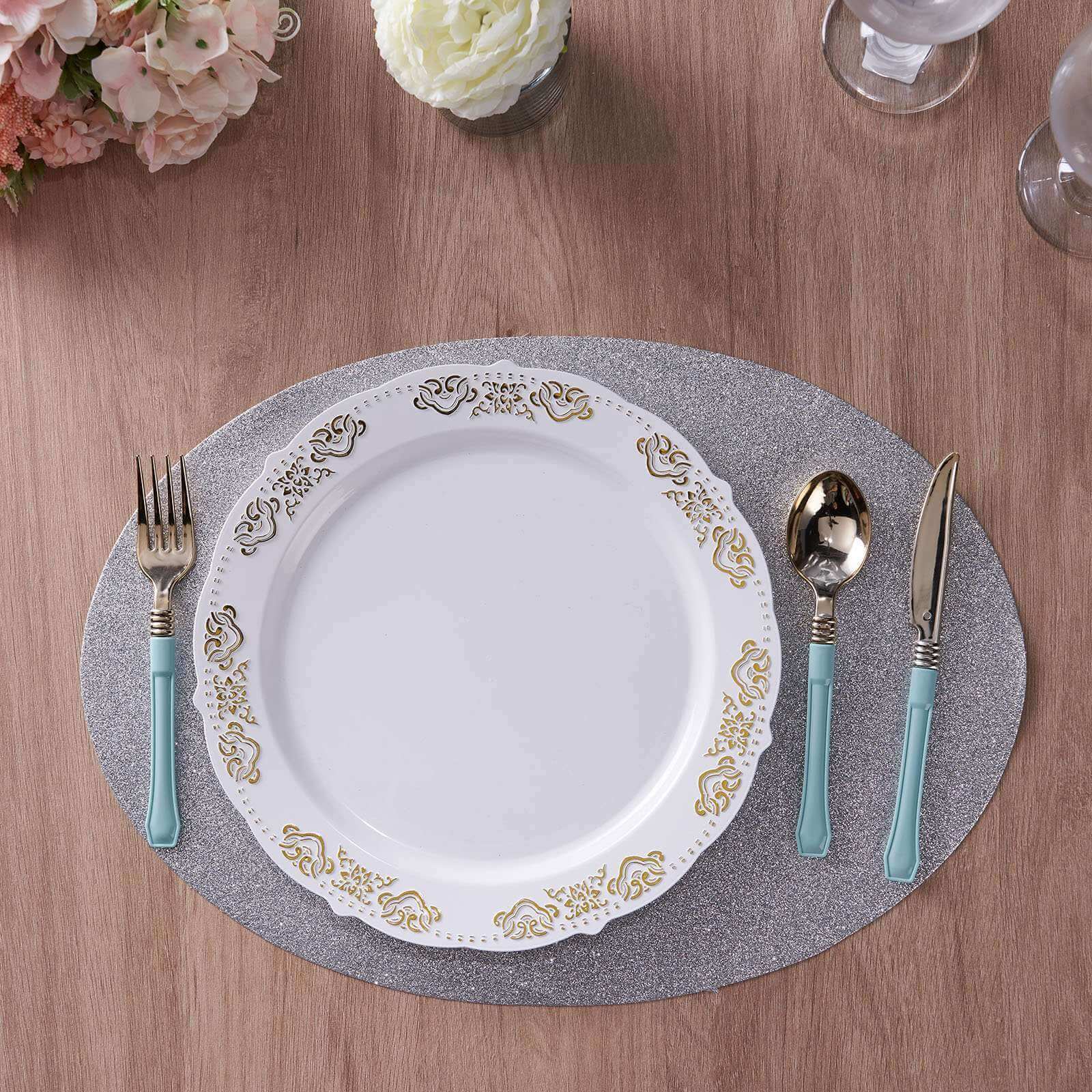 6-Pack Placemats 12"x18" Oval Glitter Design Silver Sparkle - Non-Slip Dining Table Mats - Image 14