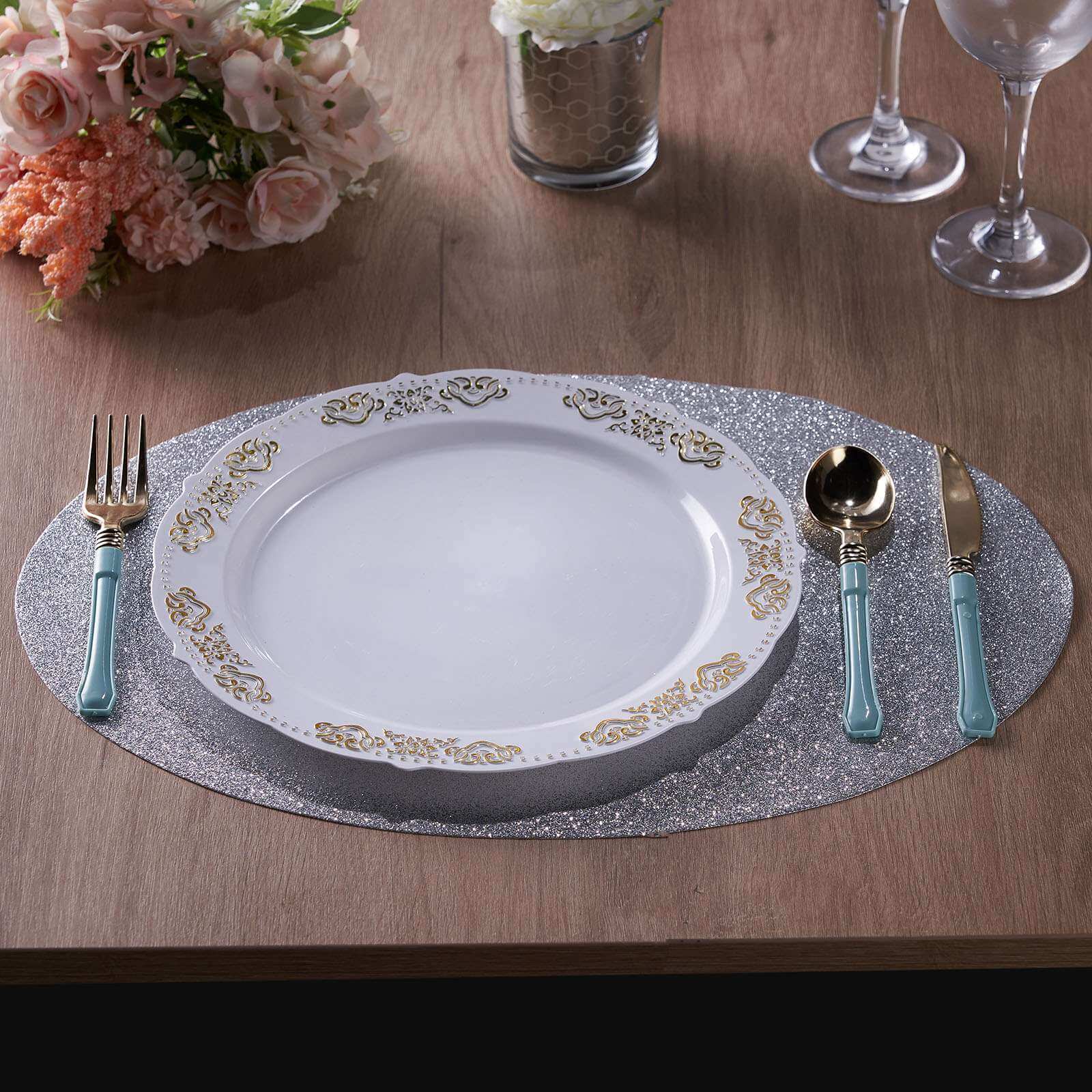 6-Pack Placemats 12"x18" Oval Glitter Design Silver Sparkle - Non-Slip Dining Table Mats - Image 15